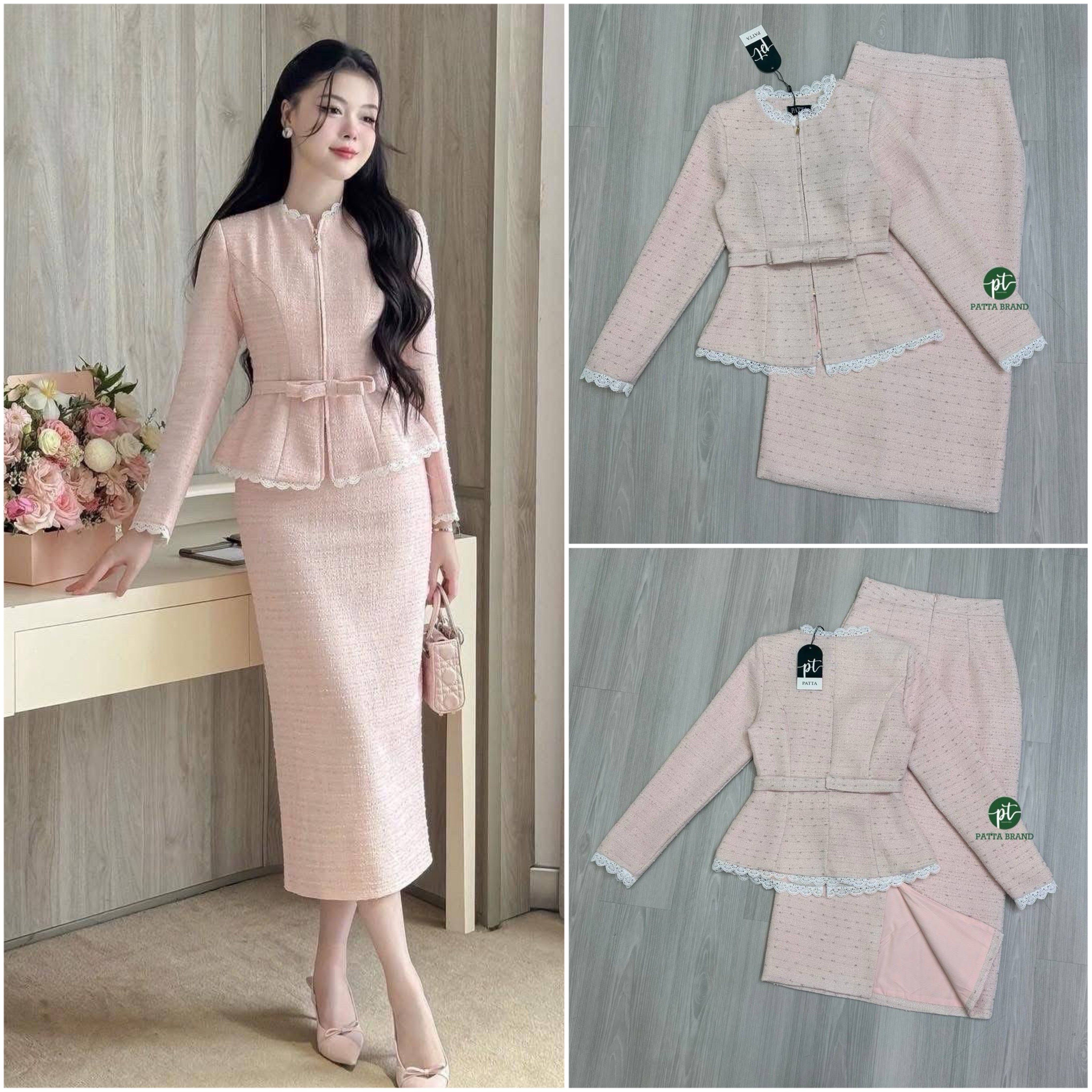 Set 2 ชิ้น ตัวเสื้อทรงพอดีตัวแขนยาวคอชิดแต่งระบาย มีซิปรูดด้านหน้า (อกเย็บเสริมฟองน้ำ) มีสายขาดเอวเข็มขัดเป็นริบบิ้นโบว์+กระโปรงยาวทรงสอบเนื้อผ้าเดียวกัน ดึเทลผ่าหลัง (มีซิปหลัง) ทรงสวยเป๊ะ ใส่สบาย : สินค้าคุณภาพ (พร้อมส่ง)