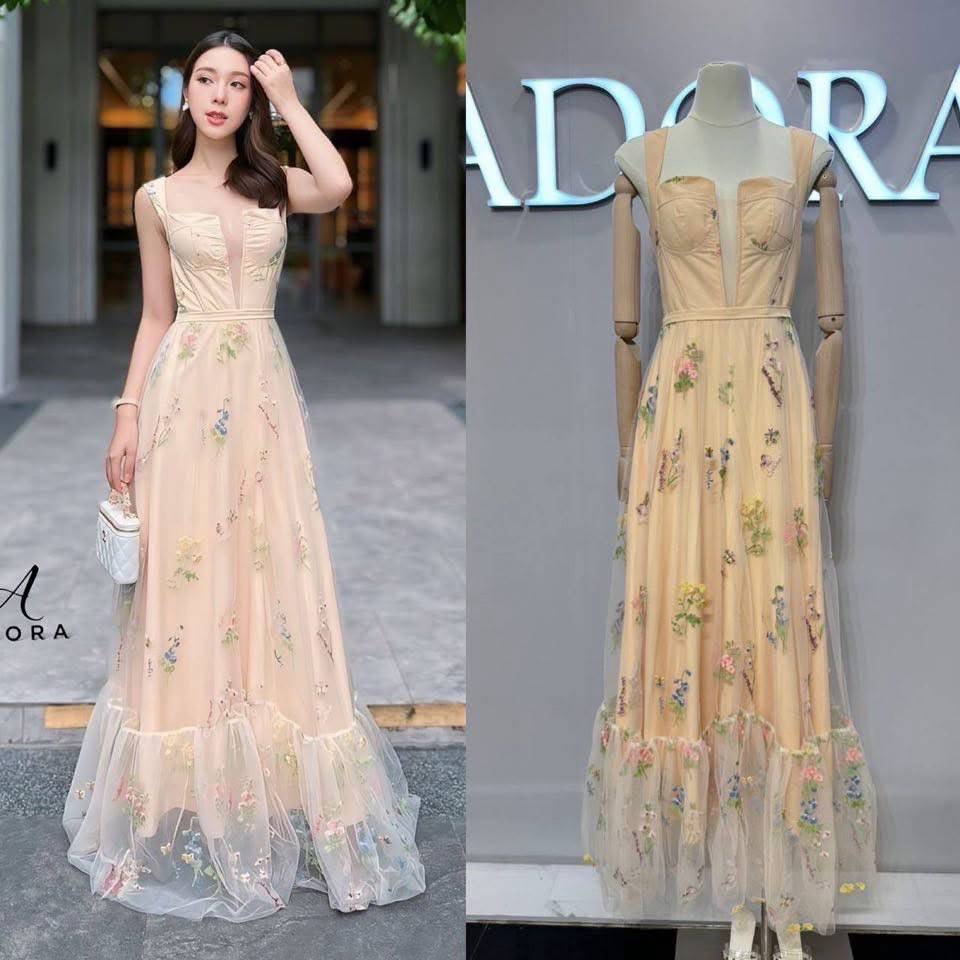 แม็คซี่เดรสดีไซน์สายเดี่ยว เนื้อผ้าตาข่ายปักลายดอกไม้ แต่งระบายปลายเดรส เนื้อผ้าเกรดพรีเมี่ยมทั้งตัว ใส่สบาย : สินค้าคุณภาพ (พร้อมส่ง)