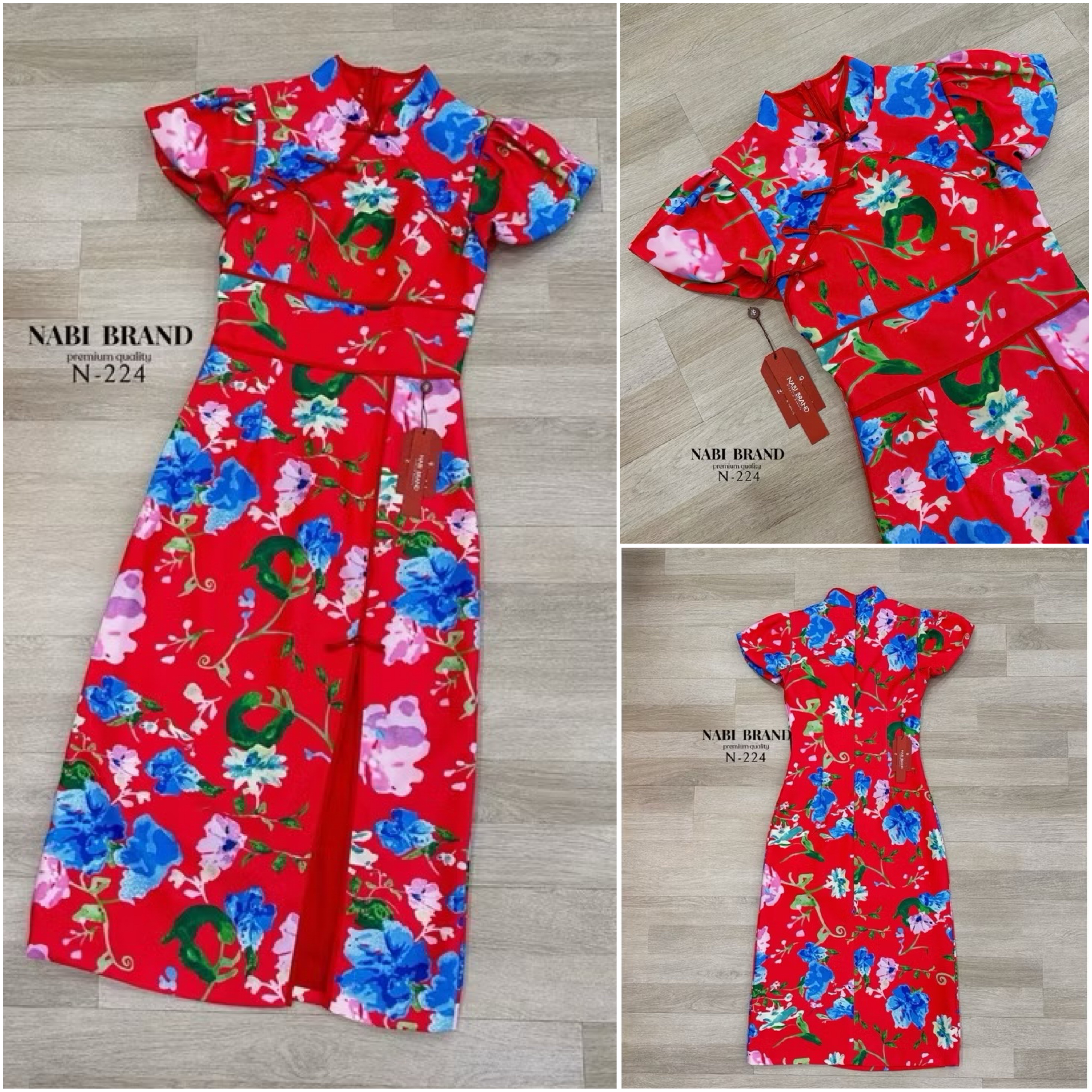 เดรสกี่เพ้าแขนตุ้กตาพองๆ สีแดงสด พิมพ์ลายดอก มีกุ้นขอบจีนสีแดง และแป้นสีแดง เดรสผ่าหน้า ทรงเรียบหรูดู แพง งานซิบหลัง ใส่สบาย : สินค้าคุณภาพ (พร้อมส่ง)