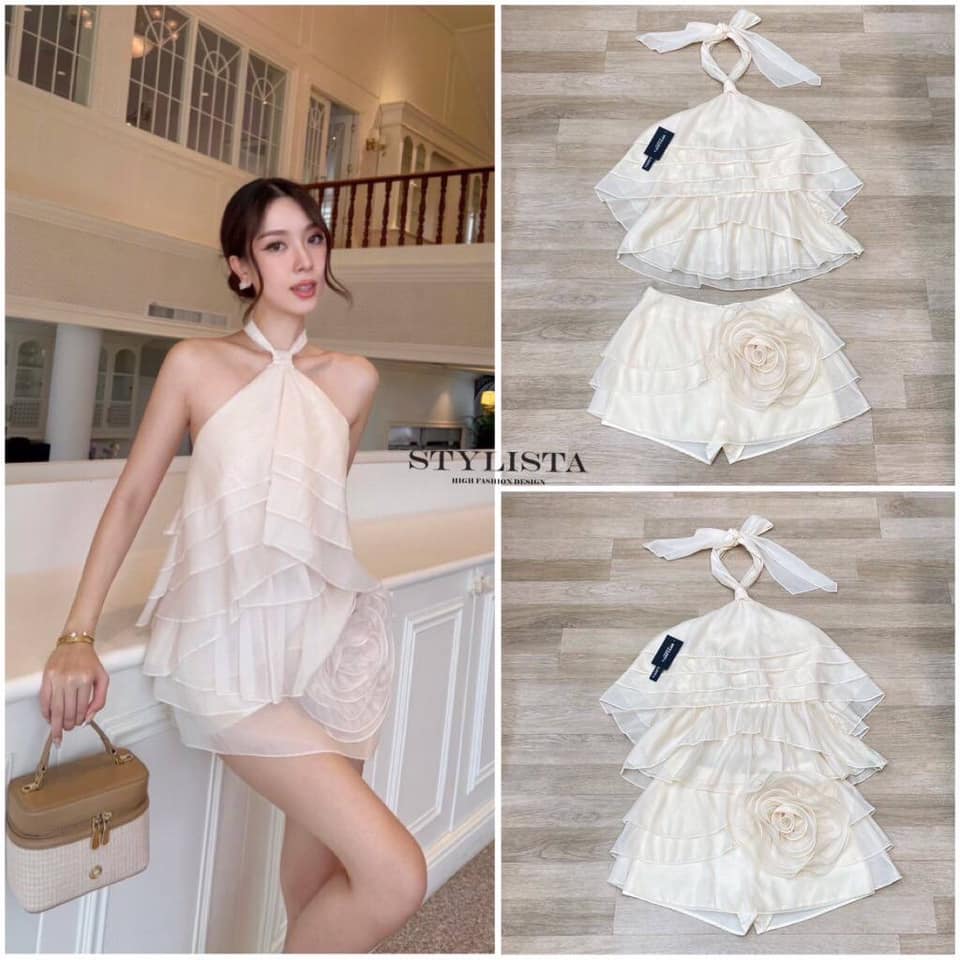เซตเสื้อแต่งริ้วระบาย คอแบบผูก มาพร้อมกระโปรงเเต่งริ้วดอกไม้เข้าชุดเข้าชุด ใส่สบาย : สินค้าคุณภาพ (พร้อมส่ง)