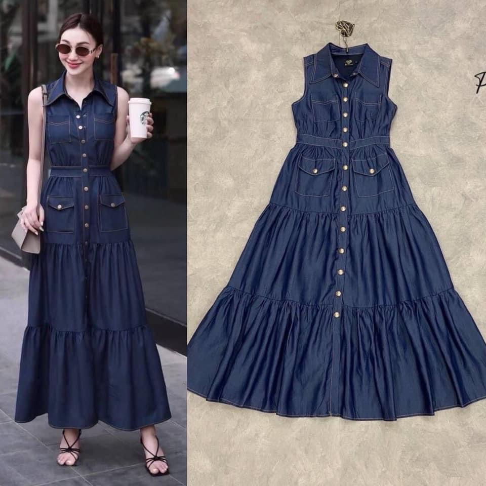 เดรสแขนกุดตัวยาวสีน้ำเงินแต่งคอปก กระเป๋าคู่หน้าทรงกระโปรงบานยาว ใส่สบาย สินค้าคุณภาพ (พร้อมส่ง)