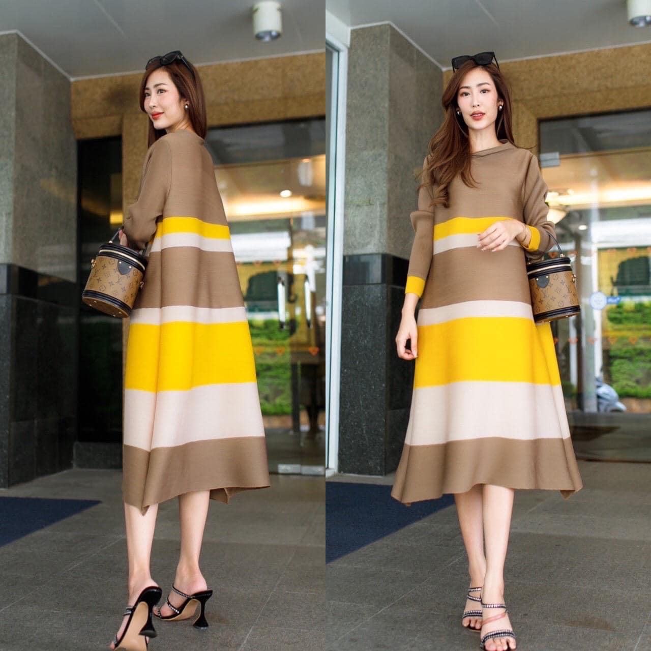 ชุดเดรส คอกลม แขนยาว แพตเทิร์นเฉลียงโค้งข้าง เรียบหรู ไฮโซววววว 👑 สินค้าคุณภาพ (พร้อมส่ง)