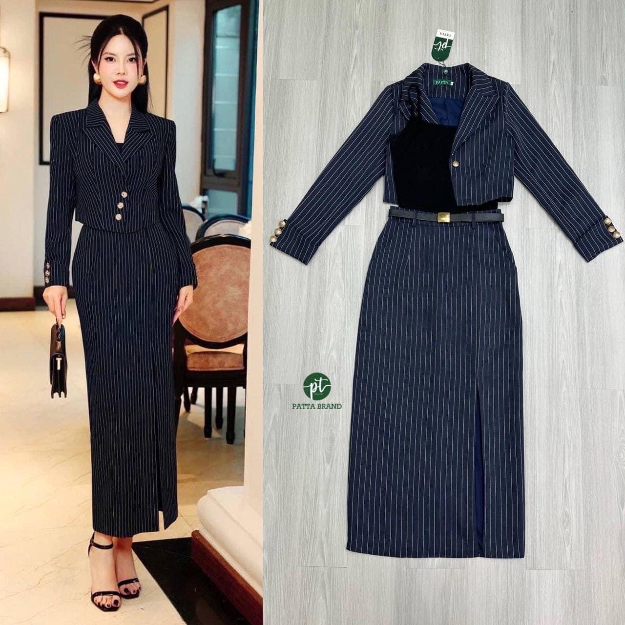 เซต3ชิ้น สีกรมลายทาง เสื้อคลุมครอปเบลเซอร์แขนยาวมีกระดุมทองเฉียงด้านหน้าดีไซน์สวย มาคู่กับเสื้อยืดสายเดี่ยวสีตำตัวใน และกระโปรงยาวทรงสอบดีเทลผ่าหน้าดีไซน์สวย ใส่สบาย : สินค้าคุณภาพ (พร้อมส่ง)