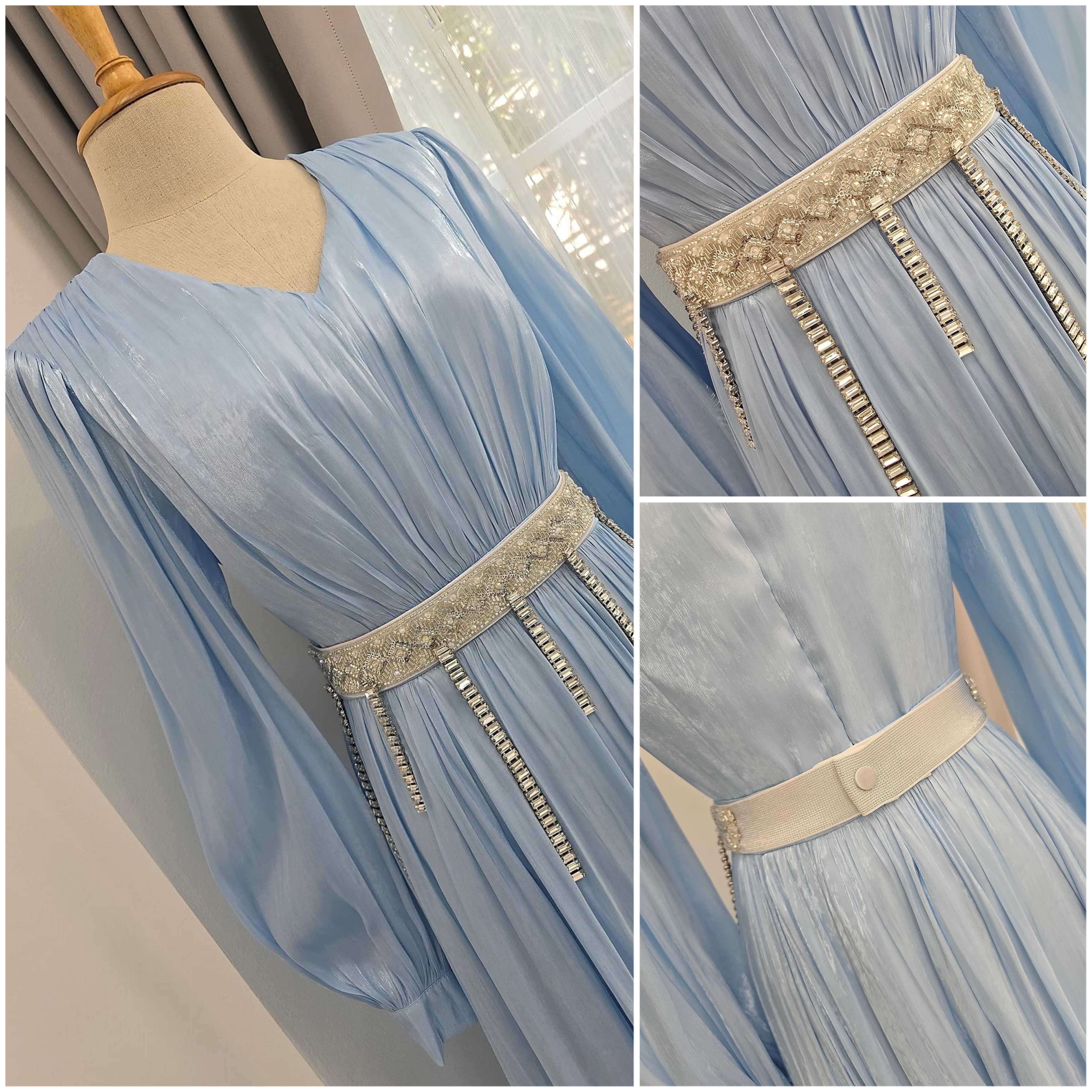 แม็กซี่เดรสเสื้อคอวีแขนยาว กระโปรงบาน ดีเทลตัวเสื้อเดรปแบบรูดใต้อกและกระโปรง ใส่สบาย : สินค้าคุณภาพ (พร้อมส่ง)