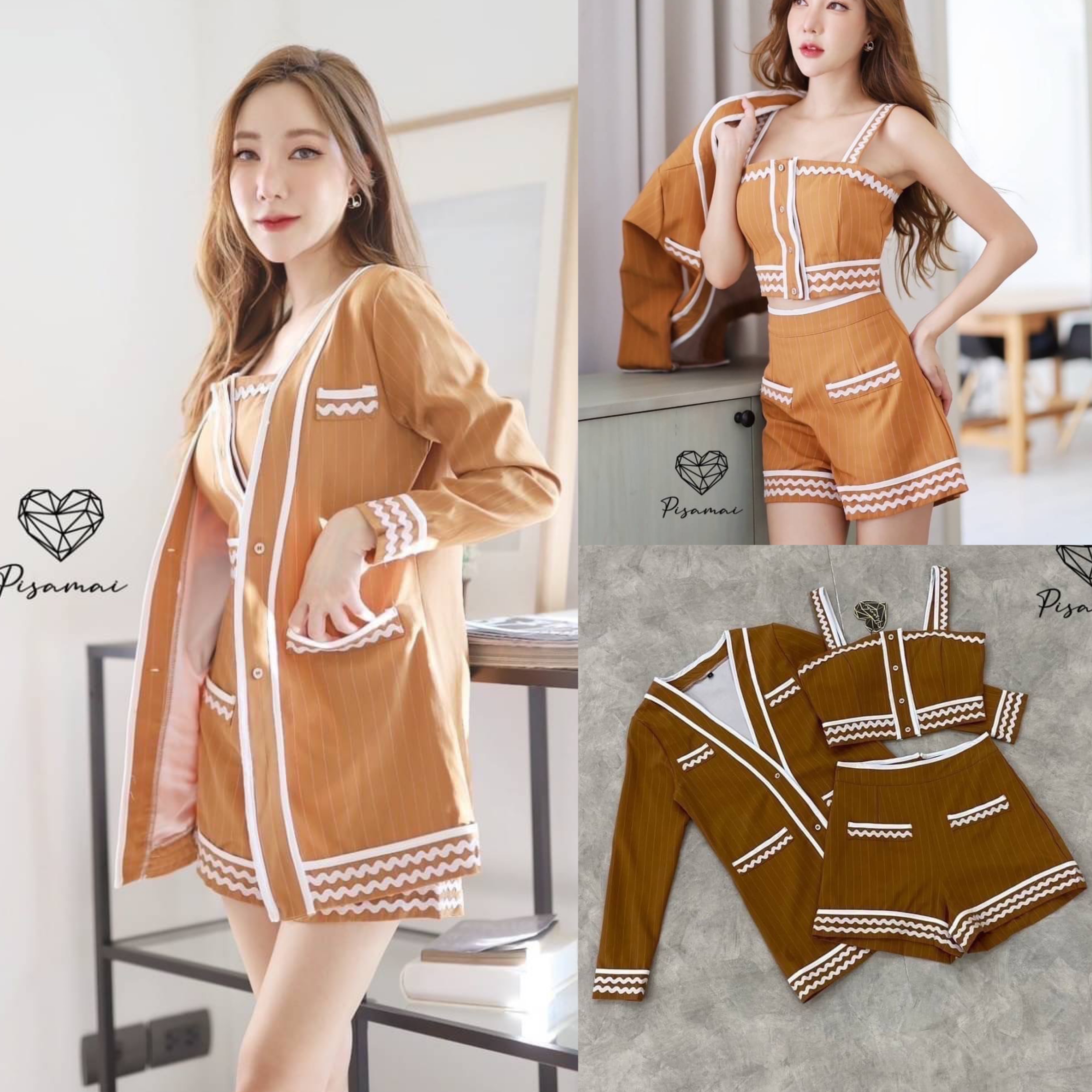 เซ็ตเสื้อคอปลายทางขาวเพ มาคู่กับกางเกงขาสั่น พร้อมเสื้อคลุมแขนยาวเข้าเซ็ต สินค้าคุณภาพ (พร้อมส่ง)