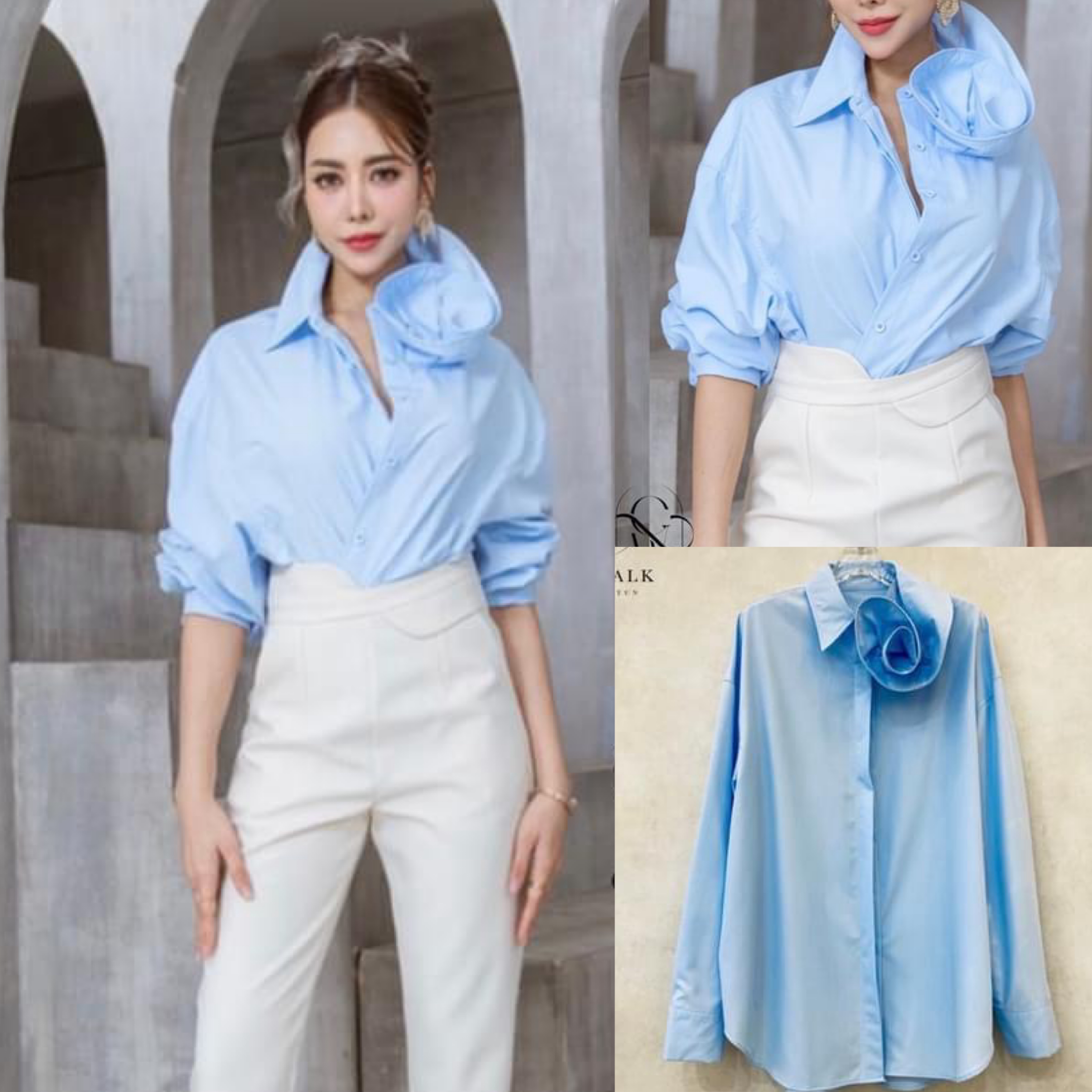 เสื้อเชิ้ตปกคอดอกไม้ ตัวเสื้อเป็นทรงปล่อยๆเท่ห์ๆ คอปกดีไซน์ให้เป็นดอกกุหลาบ ตะเข็บด้านในตัวเสื้อเย็บเก็บขอบอย่างละเอียด เนื้อผ้าเกรดเอ ใส่สบาย : สินค้าคุณภาพ (พร้อมส่ง)