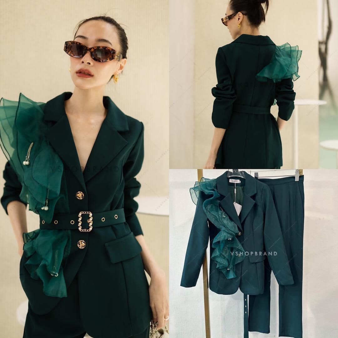 Set สูทแต่งฟรุ้งฟริ้งไข่มุก + \กางเกงขายาว + เข็มขัดผ้า สินค้าคุณภาพ (พร้อมส่ง)