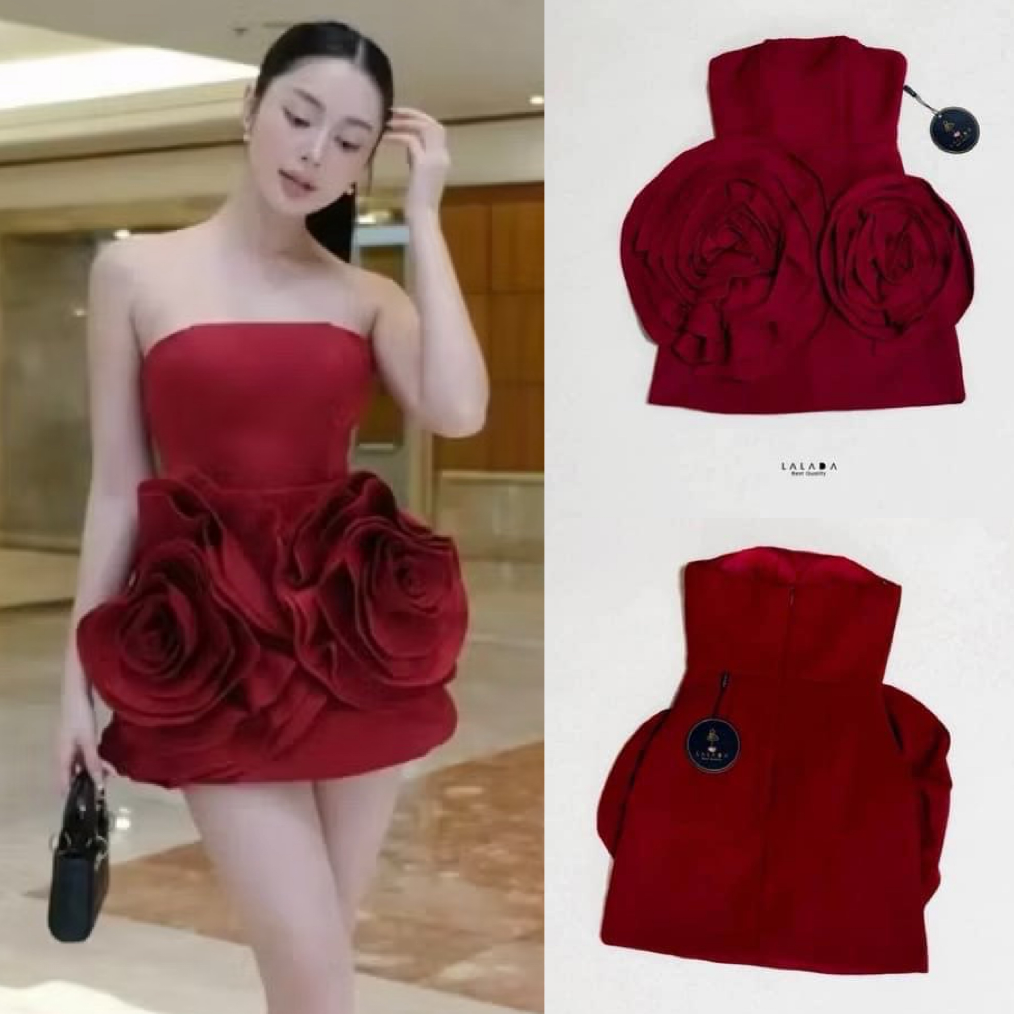 เดรส เกาะอกสีแดงสวยหรู ปักดอกไม้อย่างดี อกเสริมฟองน้ำ งานซิปหลัง ใส่สบาย : สินค้าคุณภาพ (พร้อมส่ง)