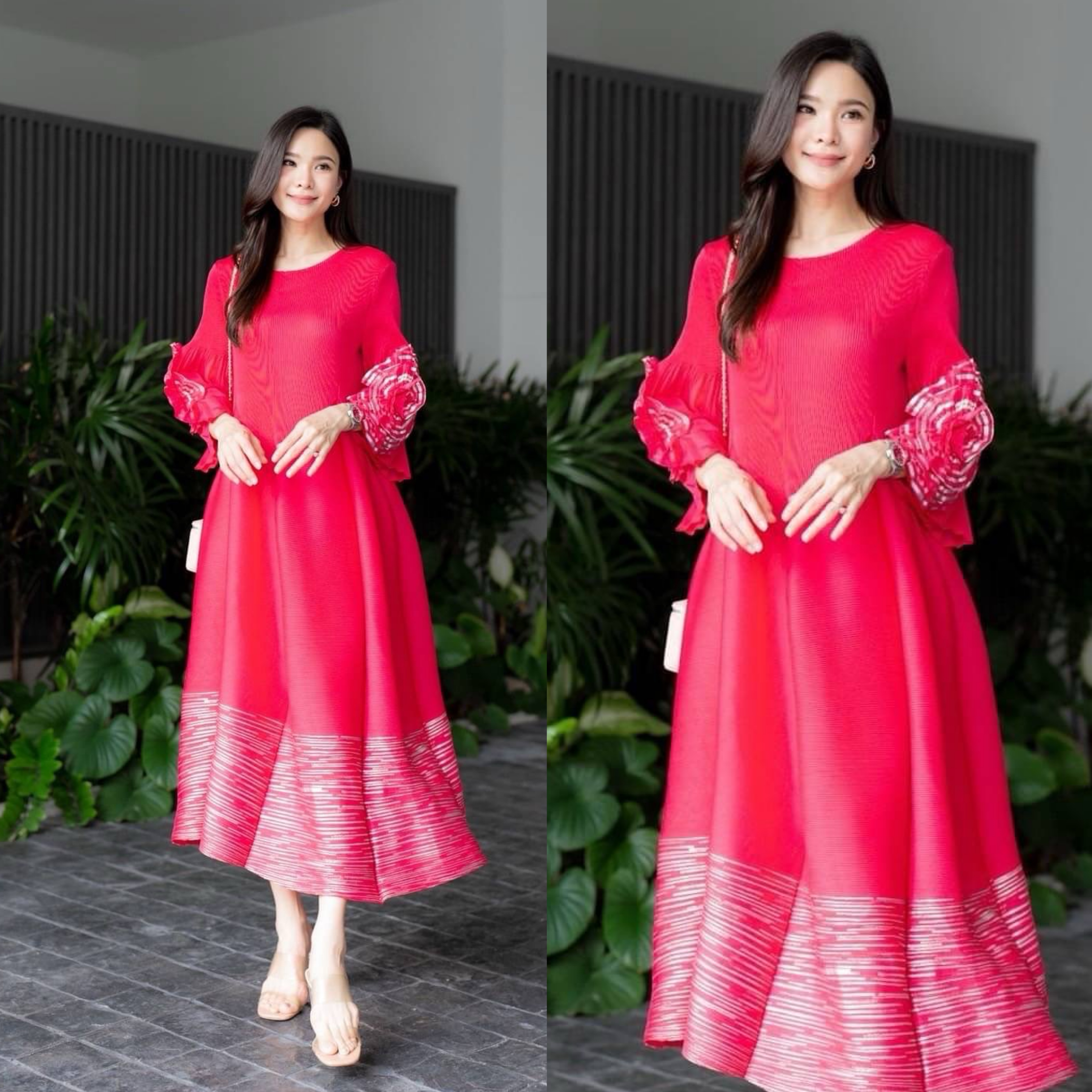 เดรสตัวยาวอัดพลีท คอกลม ทรงแขนตุ๊กตา แต่งพุ่มดอกกุหลาบชายแขน 🌹🌹เกรด Premium 👍🏻 ใส่สบาย : สินค้าคุณภาพ (พร้อมส่ง)