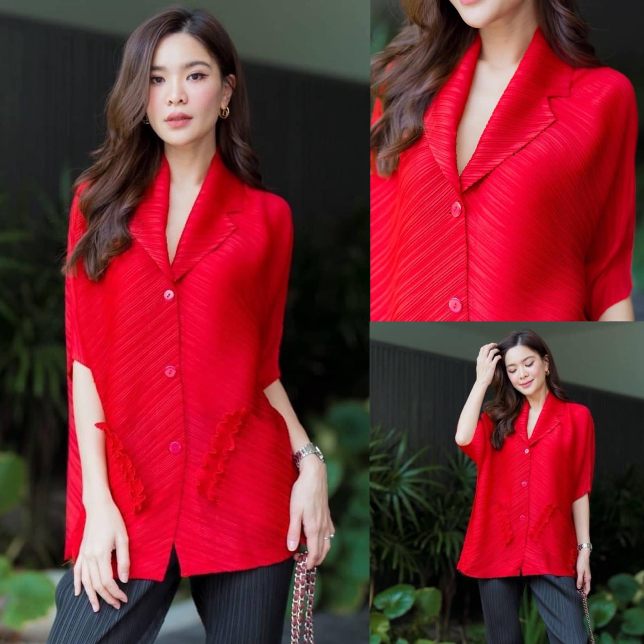 เสื้ออัดพลีท คอปกสูท ปีกนก แขน 3 ส่วน แต่งกระดุมเรียงยาว ✨✨ ใส่สบาย : สินค้าคุณภาพ (พร้อมส่ง)