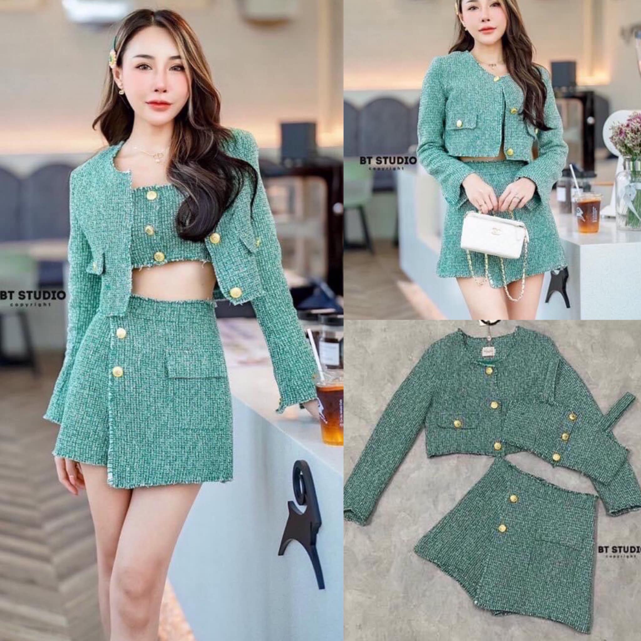 เซท 3 ชิ้น เสื้อครอปสั้นสายเดี่ยว ซิปหลัง แต่งกระดุมทองตรงกลาง แมทซ์กับ กางเกงขาสั้นแต่งป้ายหน้า แต่งกระดุมทอง มาพร้อมกับเสื้อคลุมแต่งกระดุมทองด้านหน้า : สินค้าคุณภาพ (พร้อมส่ง)