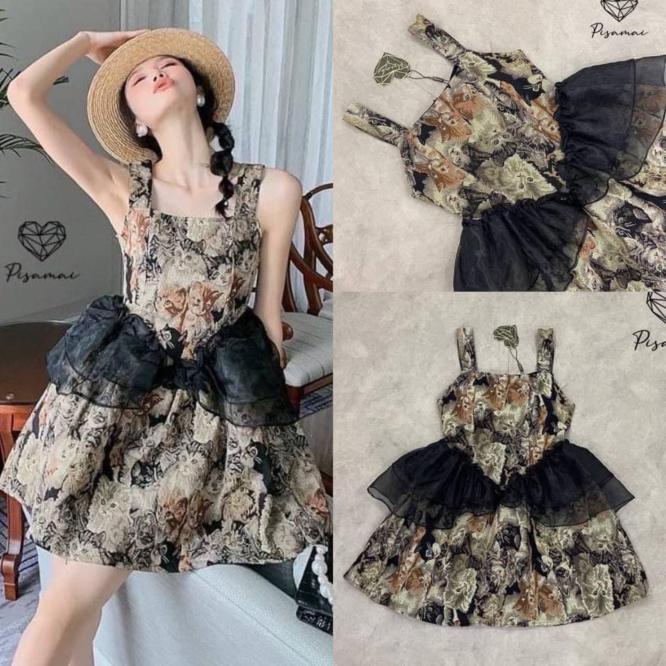 เดรสแขนกุดมาในงานผ้าทอลาย น้องแมว ช่วงเอวแต่งระบายซ้อนสีดำ สินค้าคุณภาพ (พร้อมส่ง)