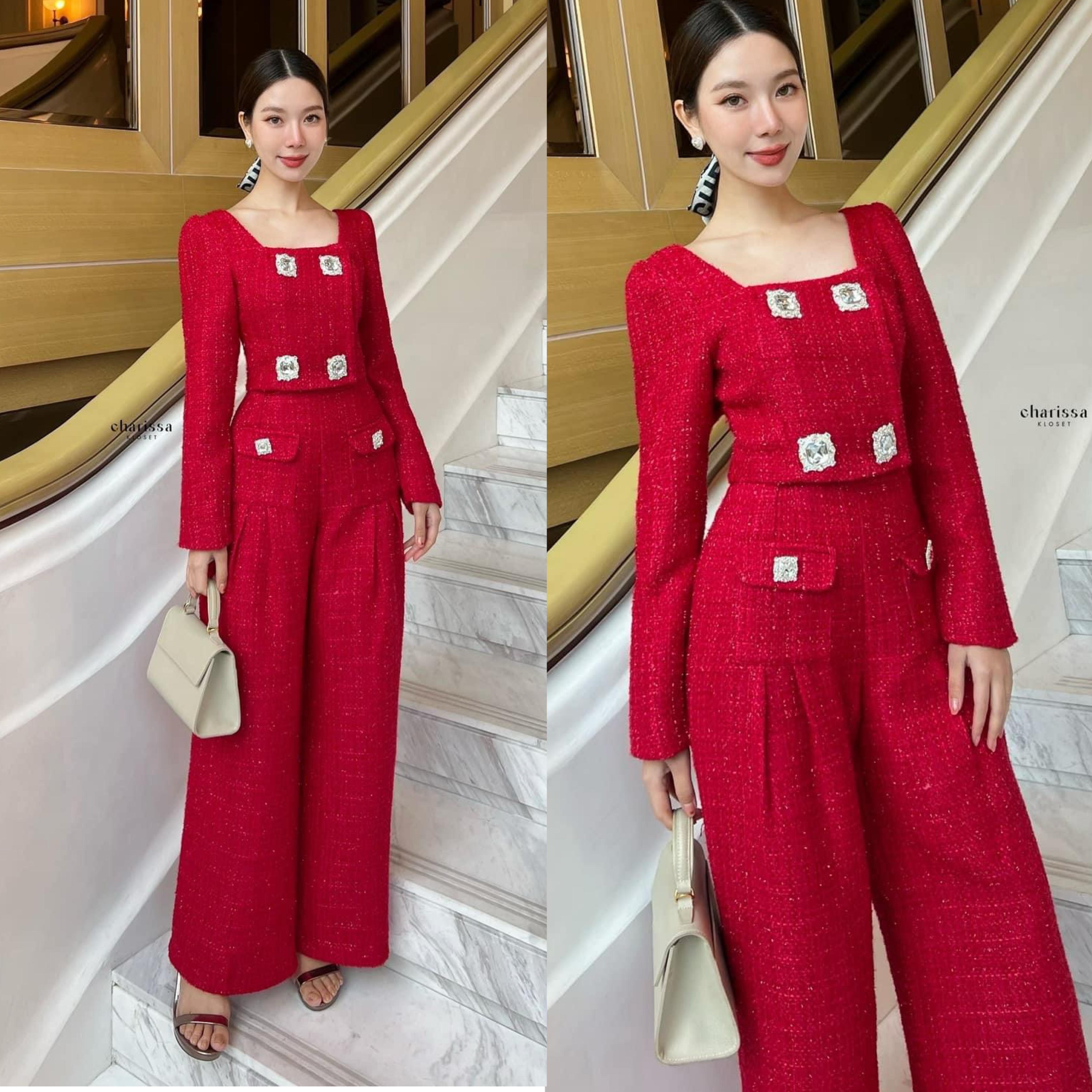 เซ็ทเสื้อสูทผ้าทวิตแต่งกระดุมเพชรหรู 4 เม็ดใหญ่ด้านหน้า ด้านหลังแต่งโบว์ใหญ่เย็บติดเสื้อ (ถอดได้) ตัวเสื้อมีซับในทั้งตัว +กางเกงขาวยาวกระบอกใหญ่ ใส่สบาย : สินค้าคุณภาพ (พร้อมส่ง)