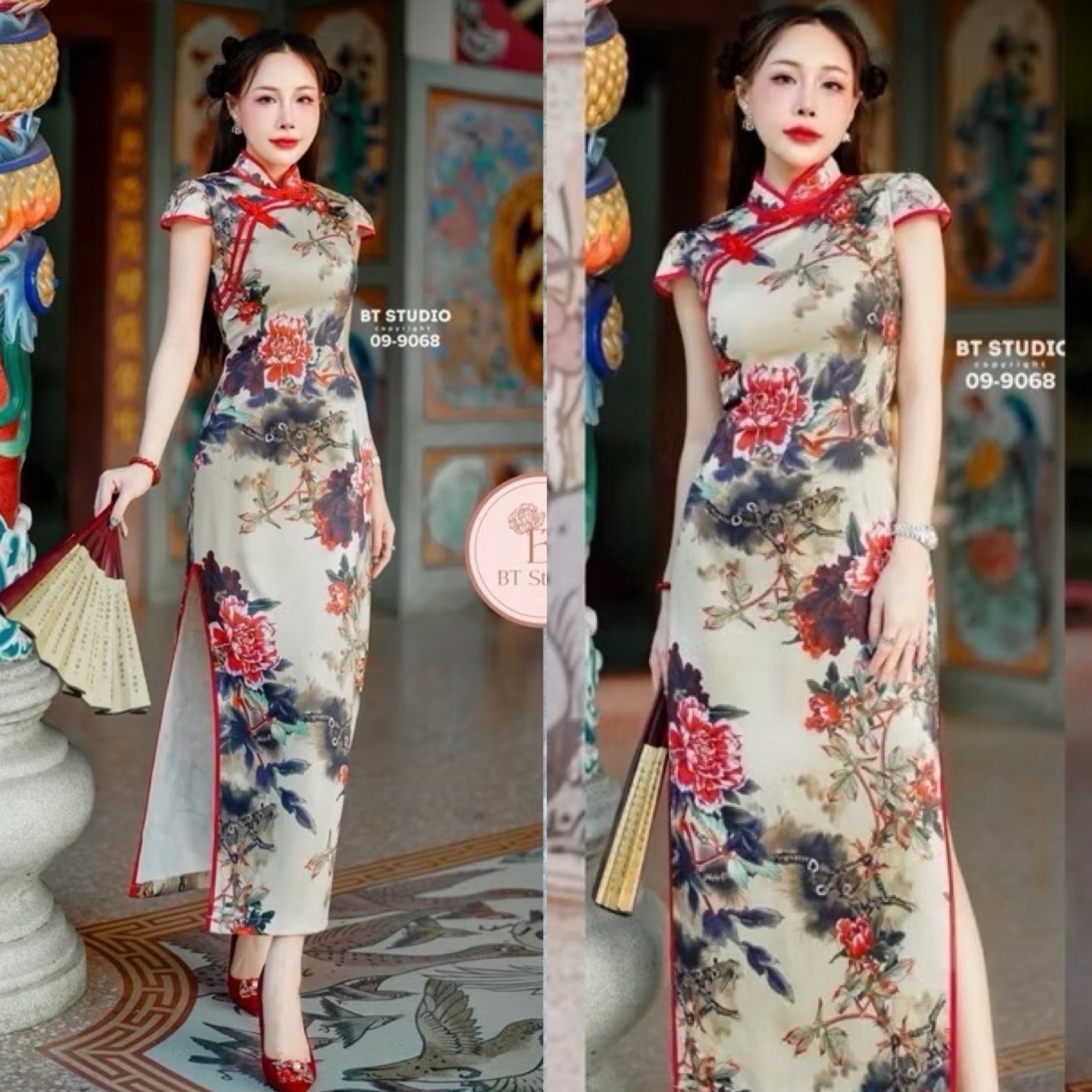 เดรสกี่เพ้า แต่งคอจีน พื้นสีพิมพ์ลายสวยม๊าก ห้ามพลาดเลยคร้าา limited ม๊ากคร้า ใส่สบาย : สินค้าคุณภาพ (พร้อมส่ง)