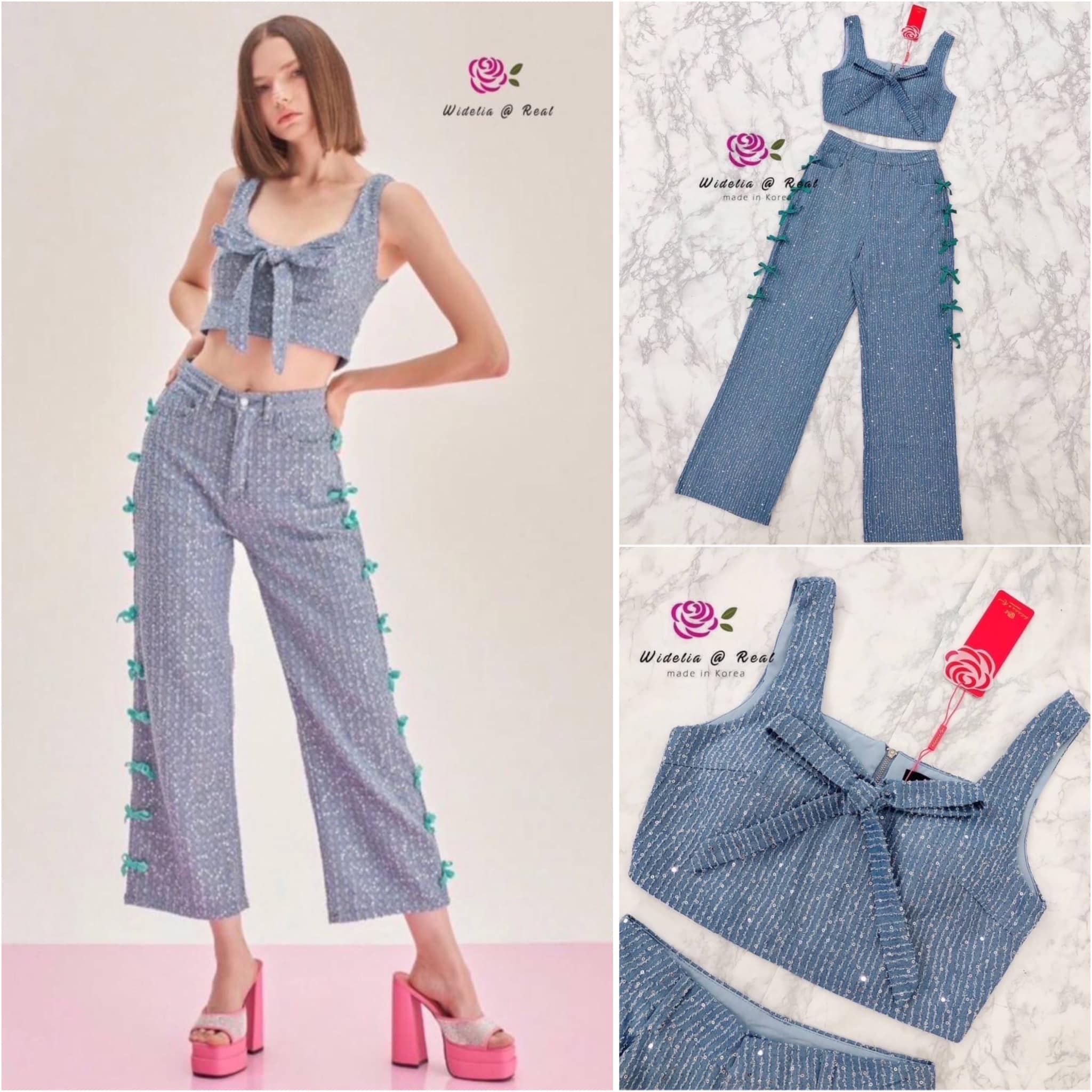 Set เซ็ทเสื้อกับกางเกงขายาว สุดปัง คุณขาเซ็ทนี้ปังไม่ไหว งานจริงสวย มากพูดเลย เนื้อผ้ายีนส์แท้ ปักเลื่อมอย่างดี สินค้าคุณภาพ (พร้อมส่ง)