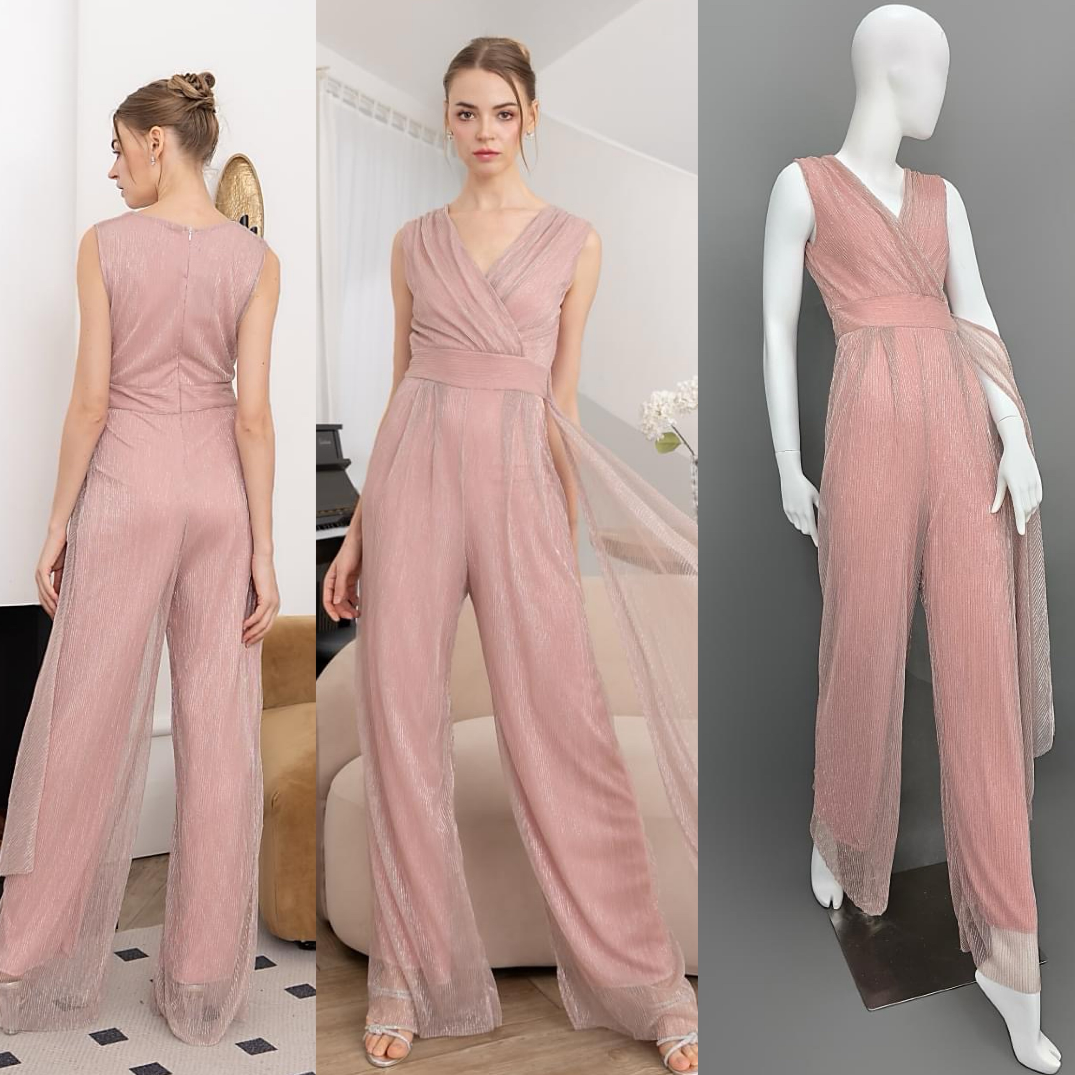 จั๊มสูทเสื้อคอป้ายแขนกุด กางเกงขา ตรงจับจีบ แต่งชายระบายด้านข้าง ใส่สบาย : สินค้าคุณภาพ (พร้อมส่ง)