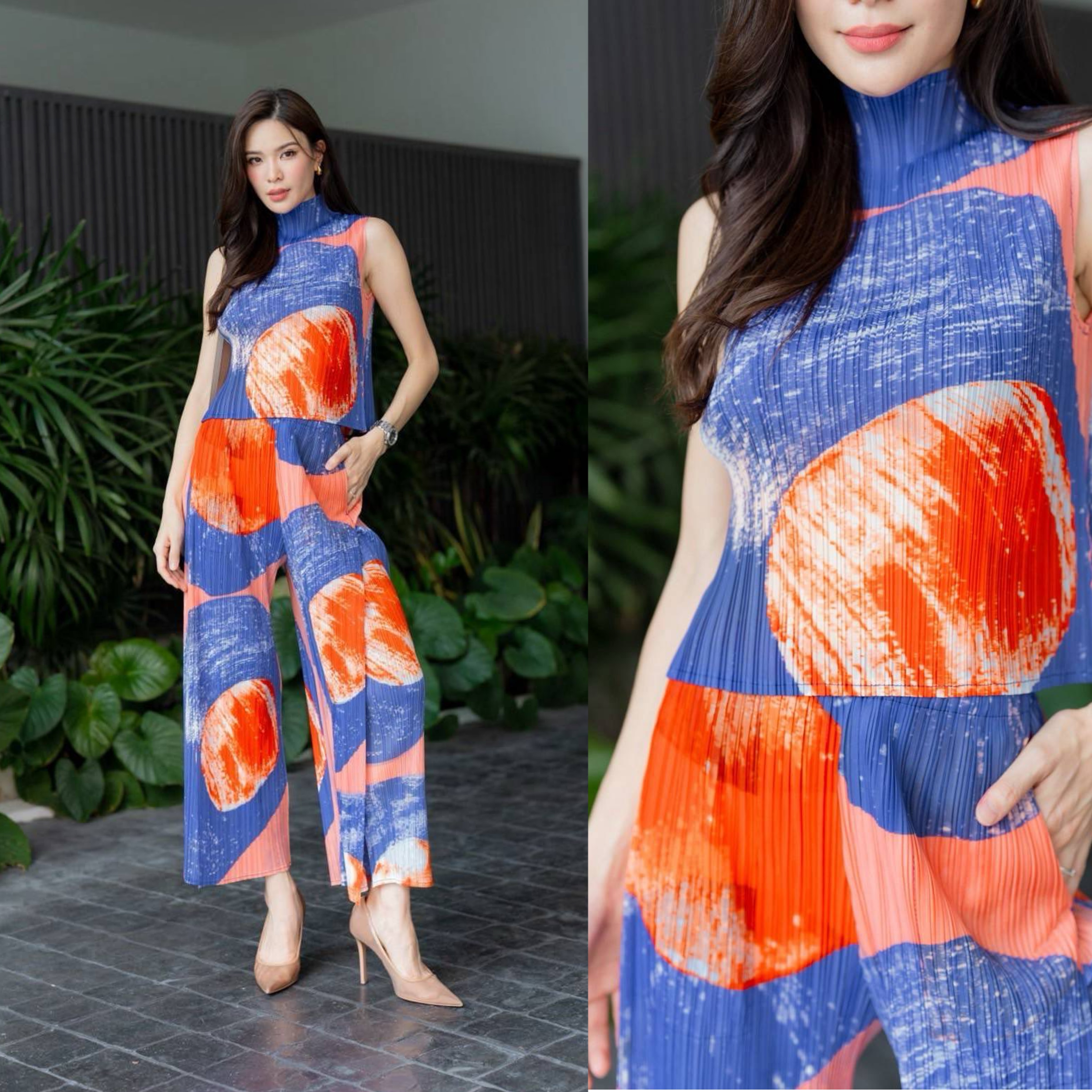 ชุดเซตผ้าอัดพลีทเนื้อสวย ไฮโซววแบบงาน Brand เสื้อแพตเทิร์น สวยเกร๋ ทรงคอปีนสูงแขนกุด พิมพ์ลายกราฟฟิค 🥰 สุด Cute กางเกงอัดพลีททรงขาบาน ใส่สบาย : สินค้าคุณภาพ (พร้อมส่ง)