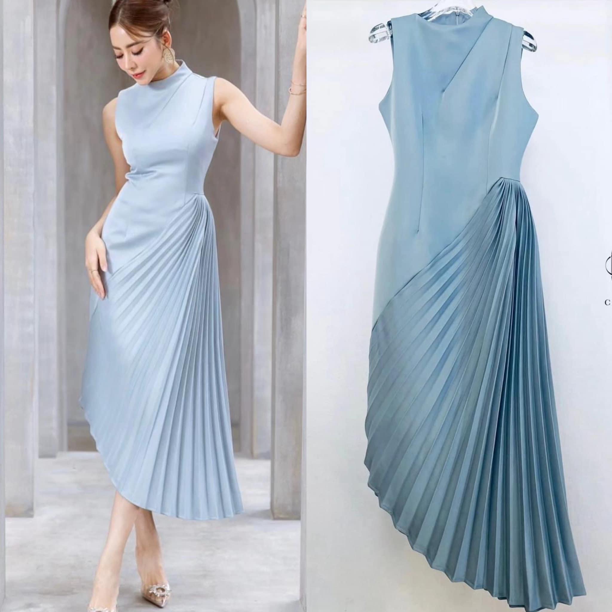 เดรสแขนกุดแต่งพลีทข้าง ช่วงตัวเป็นทรงเข้ารูป สวย กระโปรงด้านข้างแต่งด้วยผ้าอัดพลีทเฉียง ใส่สบาย สินค้าคุณภาพ (พร้อมส่ง)