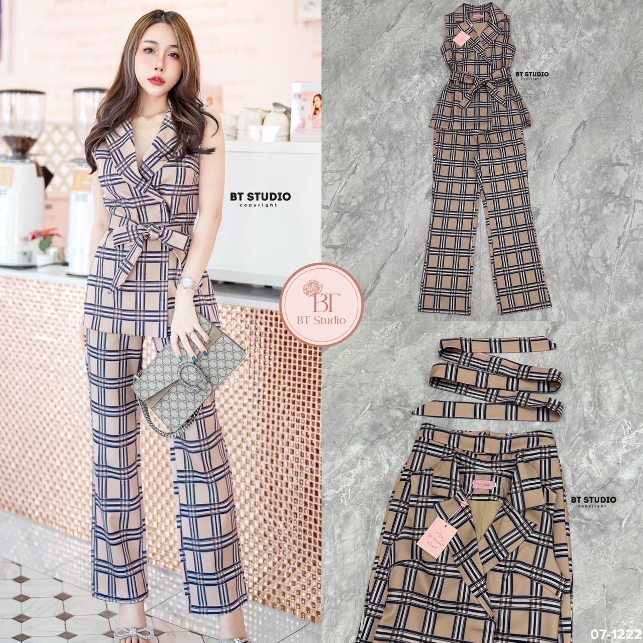 เซท 3 ชิ้น เสื้อเบเซอร์แขนกุดคอปก มาพร้อมสายคาดเอว แมทซ์กับกางเกงขายาว สินค้าคุณภาพ (พร้อมส่ง)