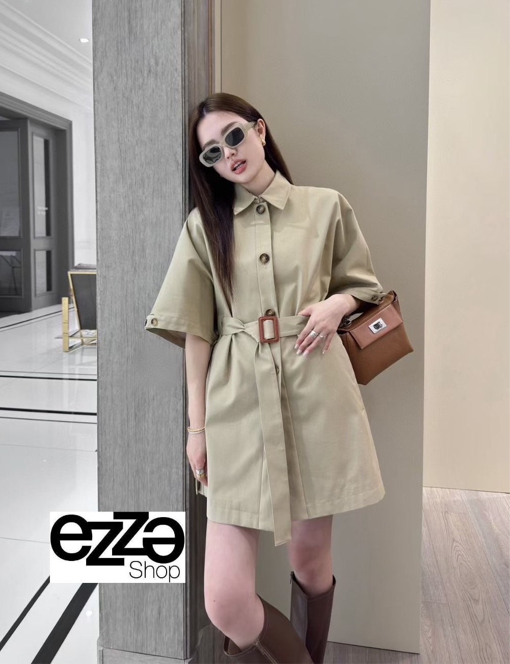 เสื้อคลุมแขนสั้น ทรงcape สีเบจ สวยแพงมาก เสื้อคลุมกระดุมหน้า มาพร้อมเข็มขัด สายลัคชู : สินค้าคุณภาพ (พร้อมส่ง)