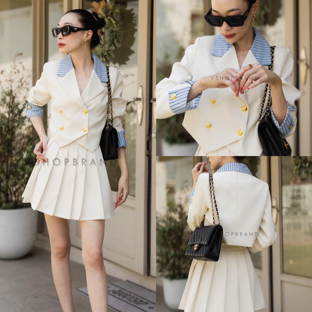 Set ครอปสูทปกลายริ้ว + กระโปรงจับจีบ : สินค้าคุณภาพ (พร้อมส่ง)