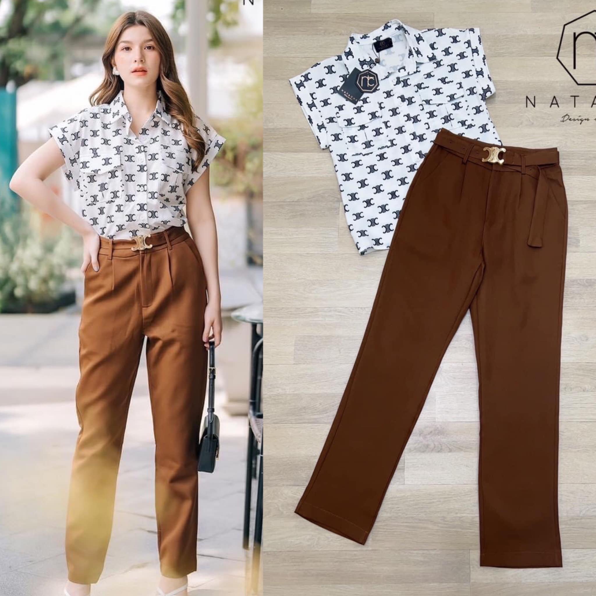 Setเสื้อคอปกพิมพ์ลายC.eline แมตกางเกงขายาวอัดกาวอย่างดี มีเข็มขัด : สินค้าคุณภาพ (พร้อมส่ง)