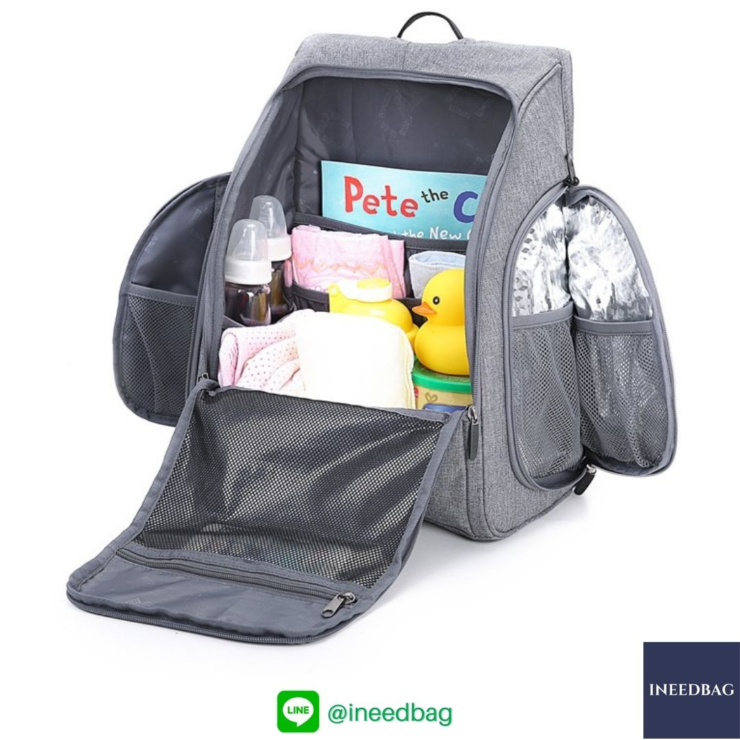 Ecosusi กระเป๋าคุณแม่, กระเป๋าสัมภาระคุณแม่, กระเป๋าแม่ลูกอ่อน แบบเป้ มาพร้อมแผ่นรองเปลี่ยนผ้าอ้อม, ช่องเก็บความร้อน-เย็น (New Version Grey) + Wet Pocket + Wipe Pocket