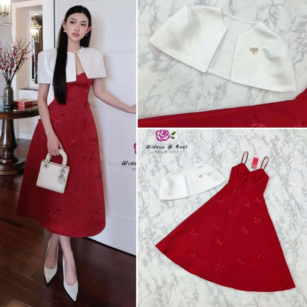 เดรสสายเดี่ยวตัวยาวสวยทรงเก๋ ตัวเดรสทรงสวยฉ่ำ เข้ารูปช่วงตัว เก๋ไก๋ด้วยการตกแต่งผีเสื้อ มาพร้อมผ้าคลุม ไหล่ ติดเข็มกลัดเก๋ ใส่สบาย สินค้าคุณภาพ (พร้อมส่ง)