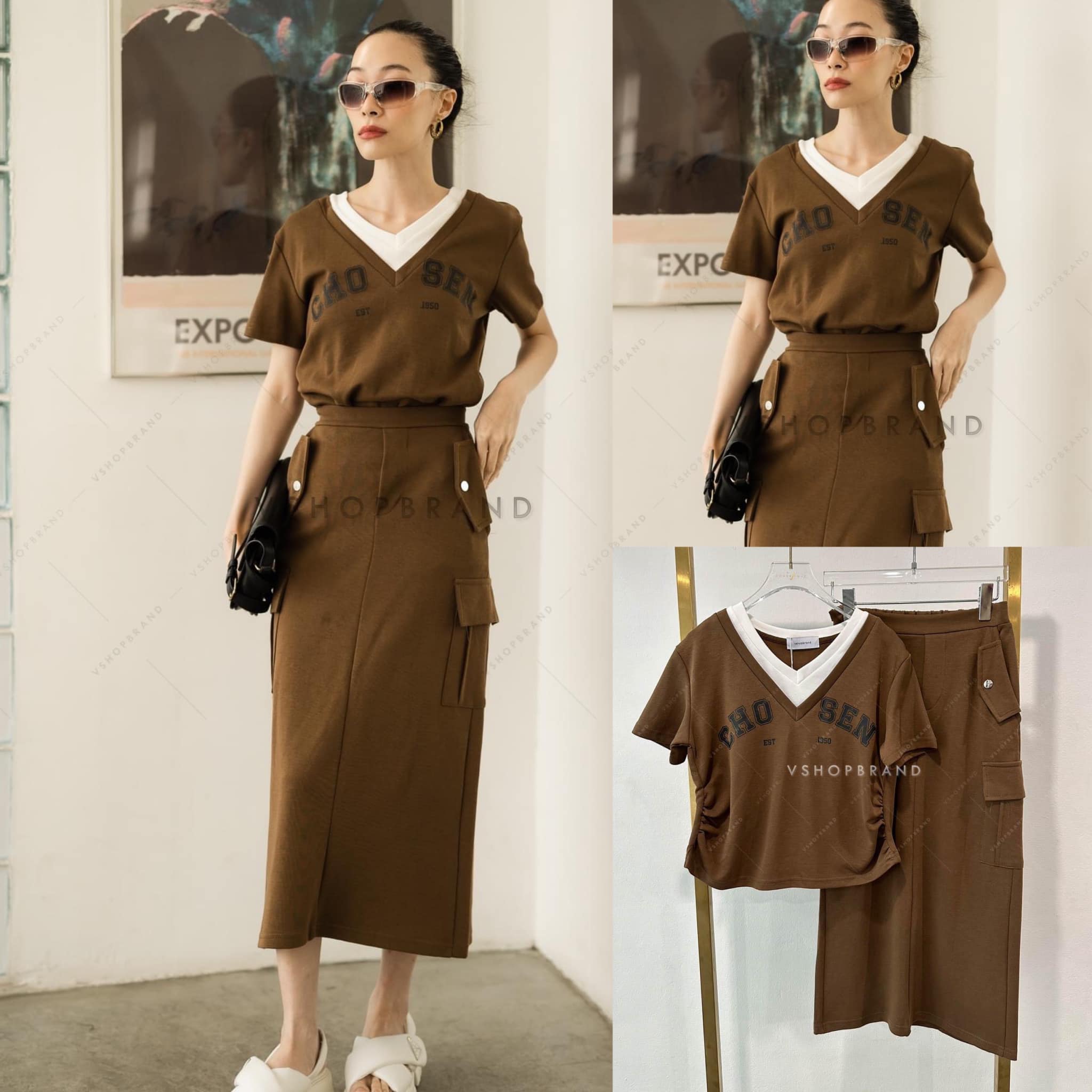 SET เสื้อคอวีแต่งขอบคอทูโทน + กระโปรงยาว สินค้าคุณภาพ (พร้อมส่ง)