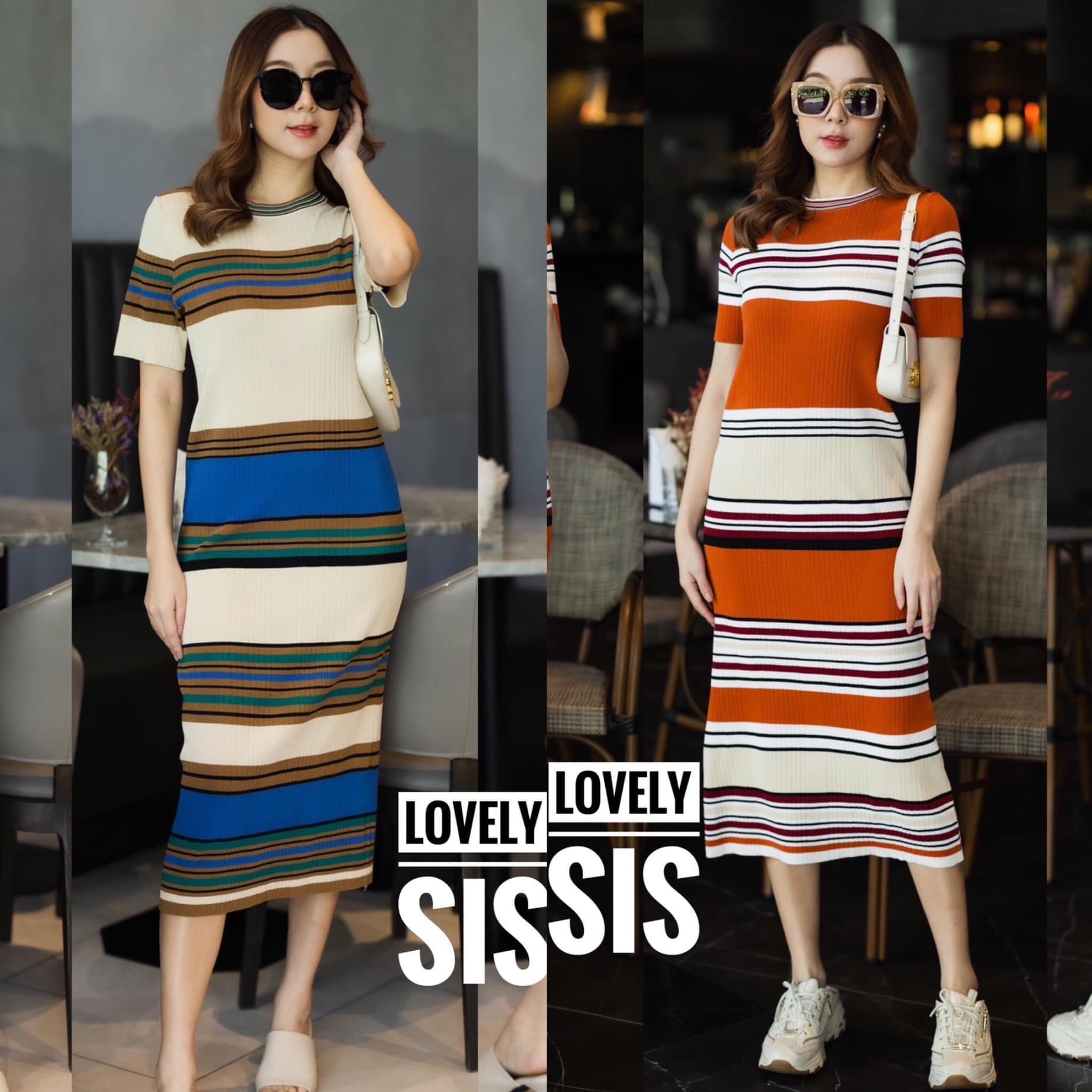 เดรสแขนสั้นผ้า knit ทอร่อง ทอลายสลับสี ผ้าเนื้อบางใส่สบาย เนื้อนิ่มยืดหยุ่น ทรงสวย งานสวย ใส่ได้ตลอดค่า สินค้าคุณภาพ (พร้อมส่ง)