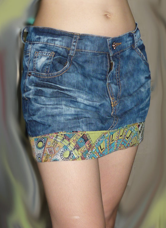 #1กระโปรงยีนส์แต่งชายผ้าลาย สวยเก๋ 33-37-11