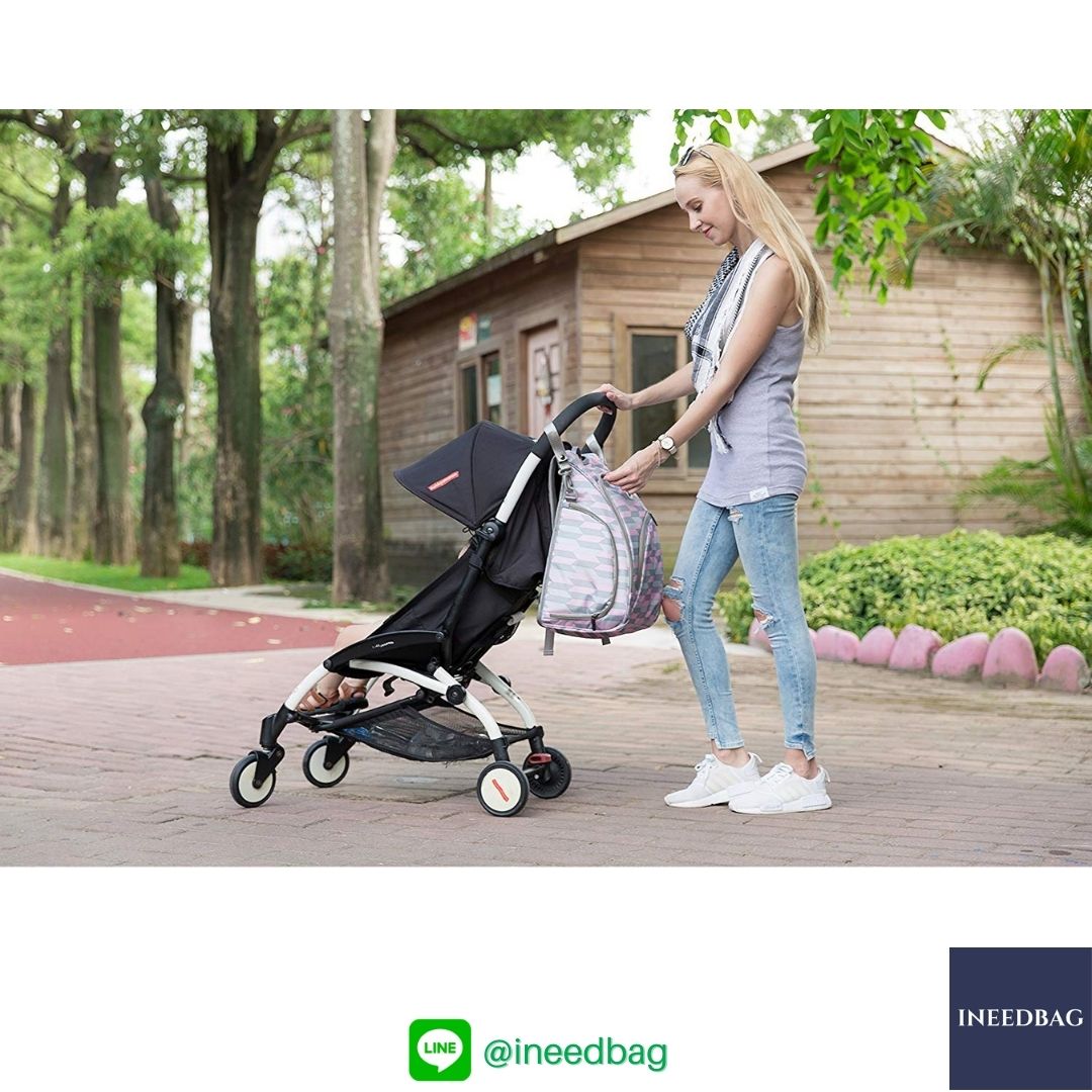 Ecosusi กระเป๋าคุณแม่ กระเป๋าสัมภาระคุณแม่ กระเป๋าแม่ลูกอ่อน แบบเป้ มาพร้อมแผ่นรองเปลี่ยนผ้าอ้อม, สายคล้องรถเข็น, ช่องเก็บความร้อน-เย็น (Pink Chevron)