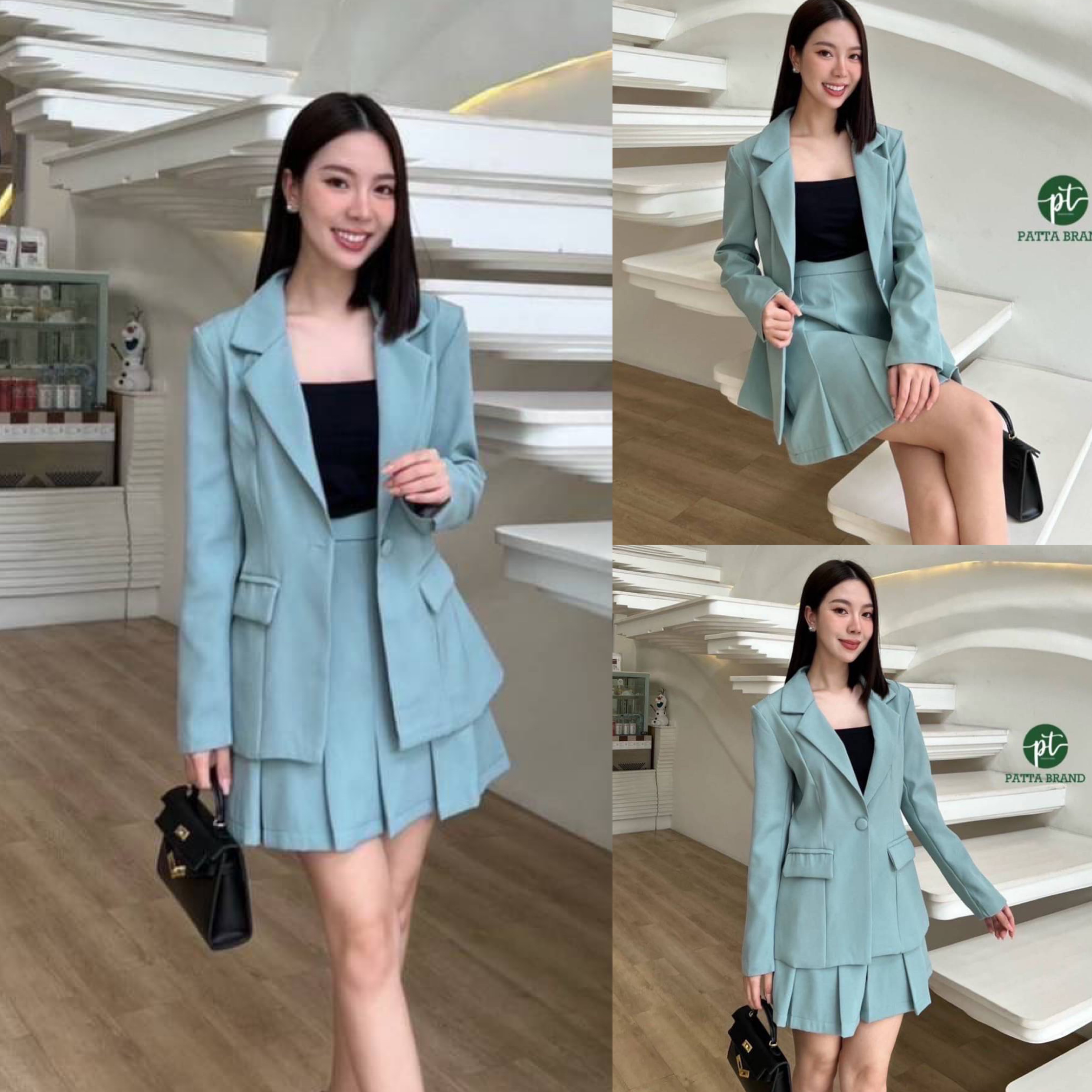 Setสูท 2 ชิ้น เสื้อคลุมสูทแขนยาว +เสื้อสายเดี่ยวสีดำตัวในผ้ายืดอกเย็บเสริมฟองน้ำ มาคู่เซตกับกระโปรงเย็บจีบรอบ งานซิปหลัง(ด้านในซับในเป็นกางเกง) สินค้าคุณภาพ (พร้อมส่ง)