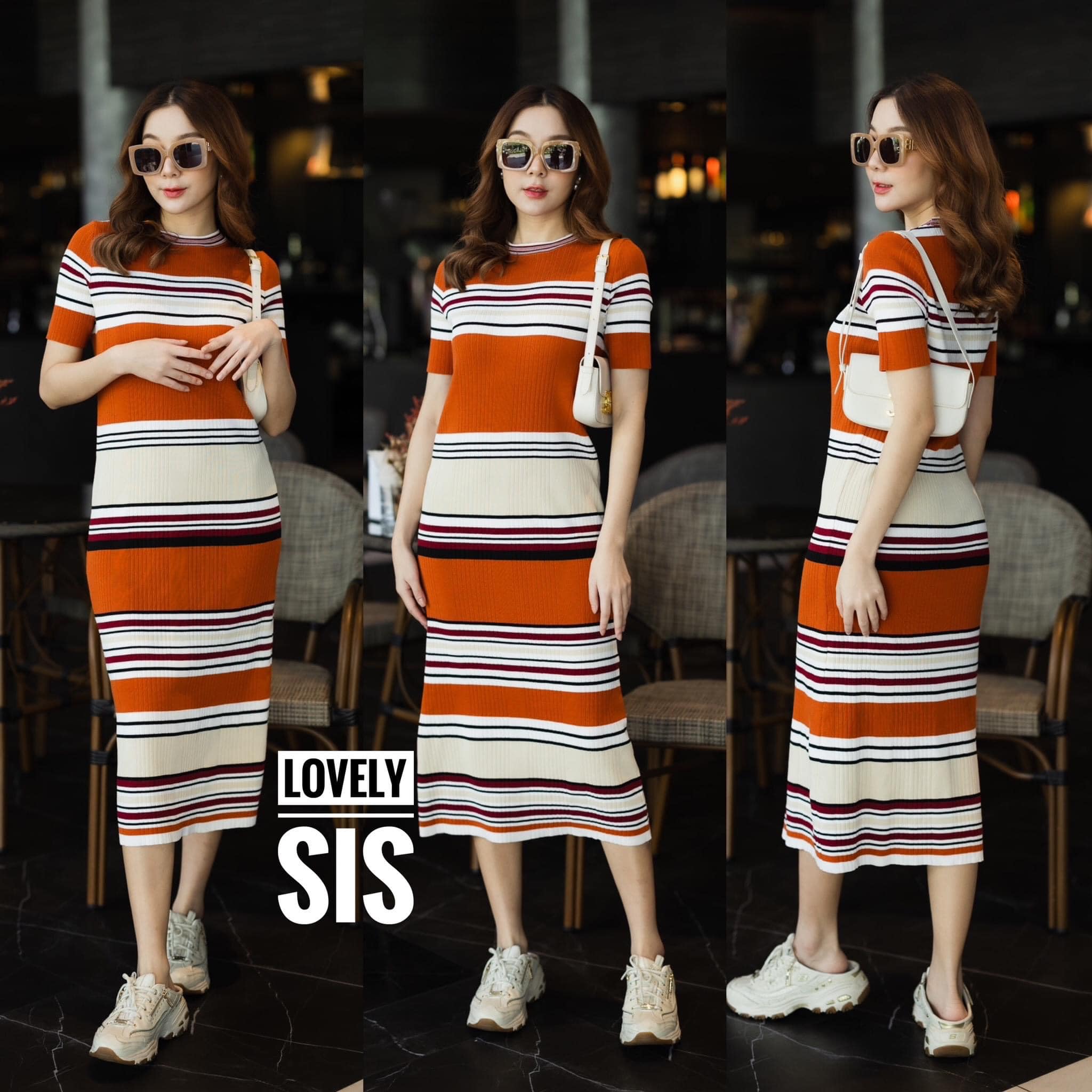 เดรสแขนสั้นผ้า knit ทอร่อง ทอลายสลับสี ผ้าเนื้อบางใส่สบาย เนื้อนิ่มยืดหยุ่น ทรงสวย งานสวย ใส่ได้ตลอดค่า สินค้าคุณภาพ (พร้อมส่ง)