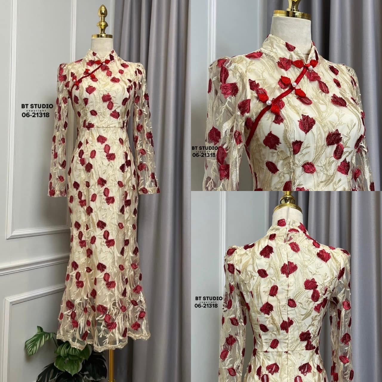 เดรสกี่เพ้า แขนสั้นช่วงปลายแขน แต่งสม็อค ตรงกลางแต่งคอจีนแต่งกระดุมจีน ไล่กัน 3 ชิ้น ผ่าหลัง งานเนื้อผ้าปักลายดอกไม้ สีแดง ใส่สบาย : สินค้าคุณภาพ (พร้อมส่ง)