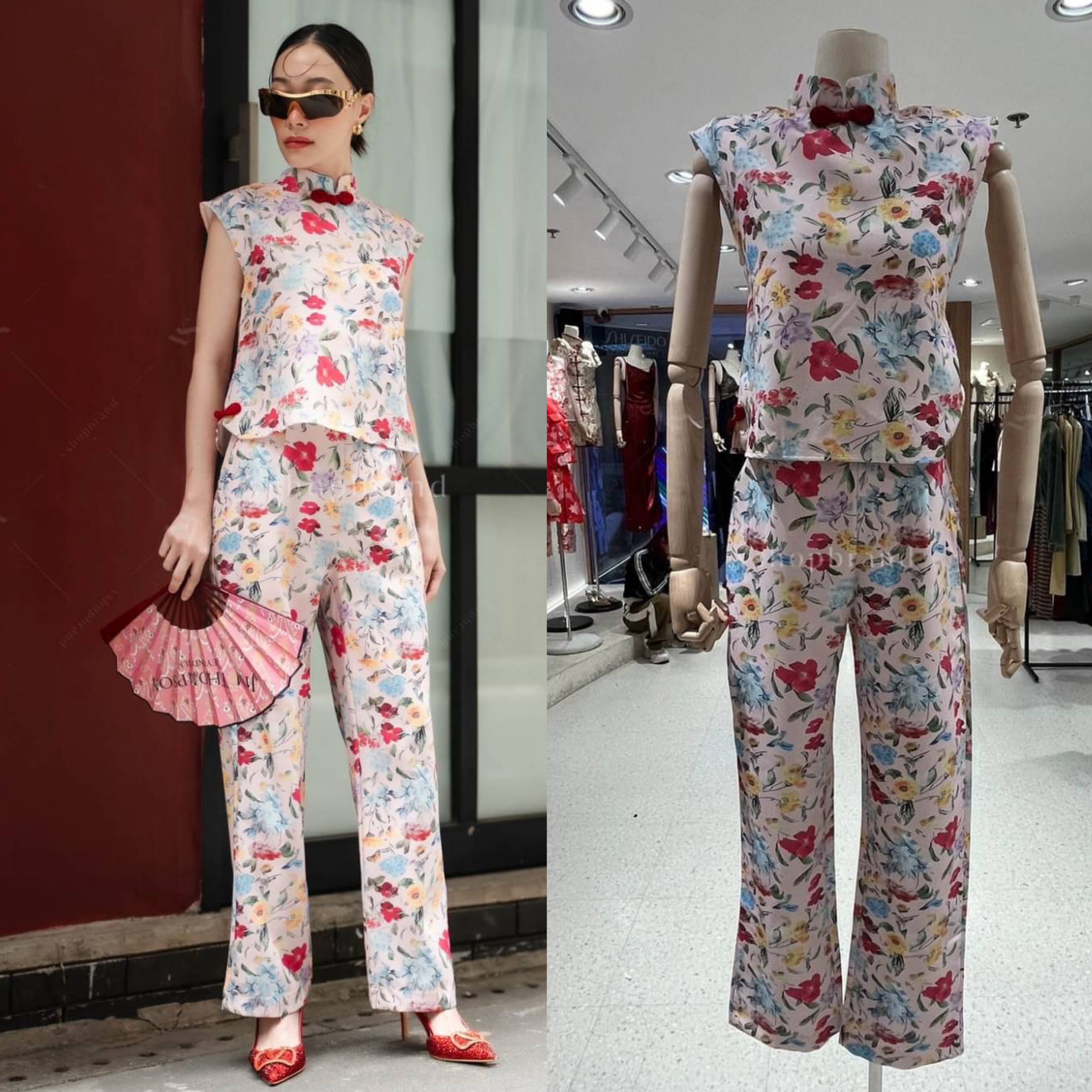 Set กี่เพ้า แขนกุดลายดอก + กางเกงขายาว ใส่สบาย : สินค้าคุณภาพ (พร้อมส่ง)