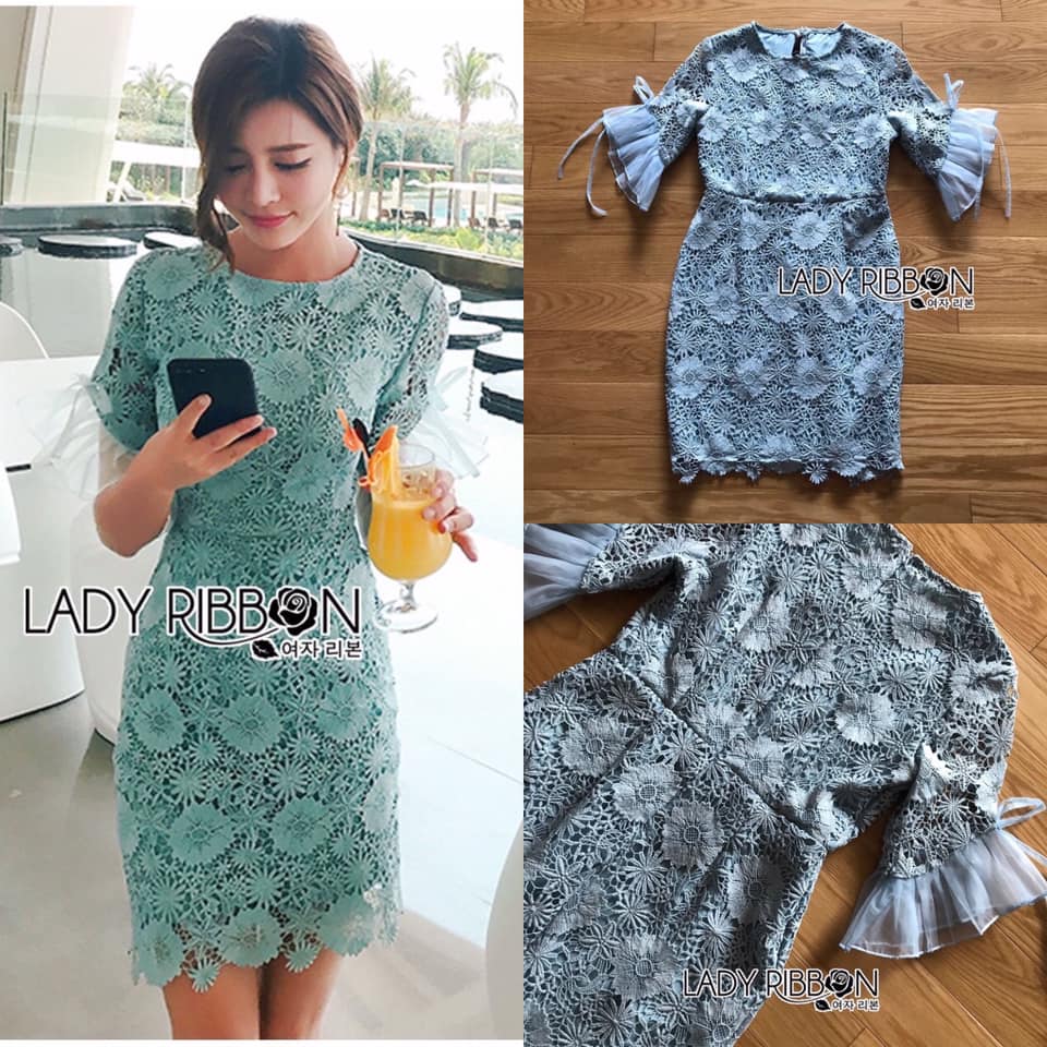 เดรสผ้าลูกไม้สีเขียวมิ้นท์อ่อนตกแต่งแขนเสื้อระบาย สินค้าคุณภาพ (พร้อมส่ง)