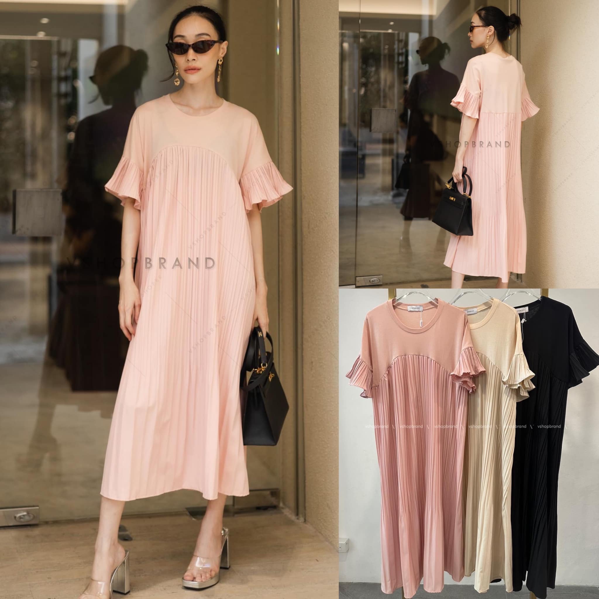 เดรสคอกลมอัดพลีท แต่งผ้ายืดช่วงไหล่ 👍🏻 สินค้าคุณภาพ (พร้อมส่ง)