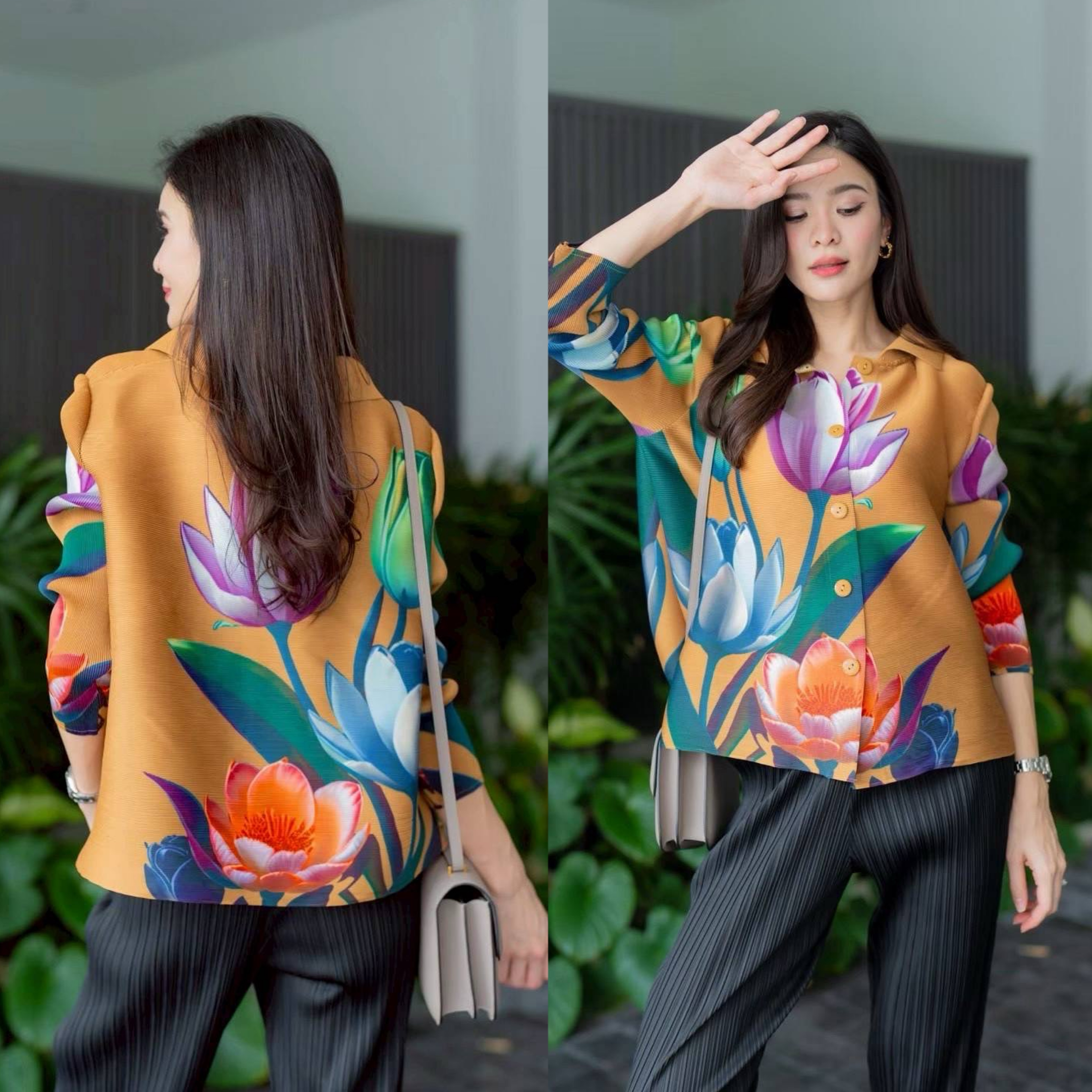 เสื้อคอจีน พิมพ์ลายดอกไม้สวยๆ เพิ่มดีเทลความเริ่ด 🍂🌻🌸🌷 ด้วยแพตเทิร์น แขนยาว พิมพ์ลายรอบตัว และช่วงแขน สีสดใส เริ่ดๆ งานอัดพลีทแน่น ใส่สบาย : สินค้าคุณภาพ (พร้อมส่ง)