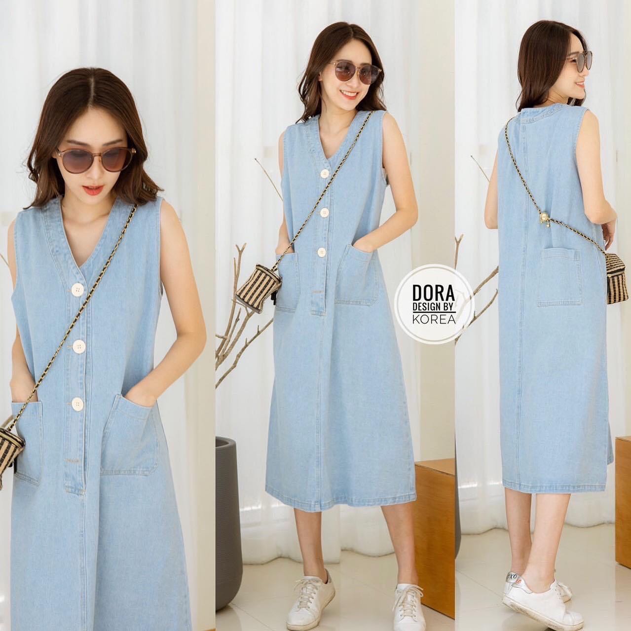 เดรสยีนแต่งกระดุมหน้า ผ้ายีนใส่สบายไม่ร้อน มีกระเป๋า 2 ข้าง ชุดแนะนำอีกชุด ใส่ได้ ตลอด สินค้าคุณภาพ (พร้อมส่ง)