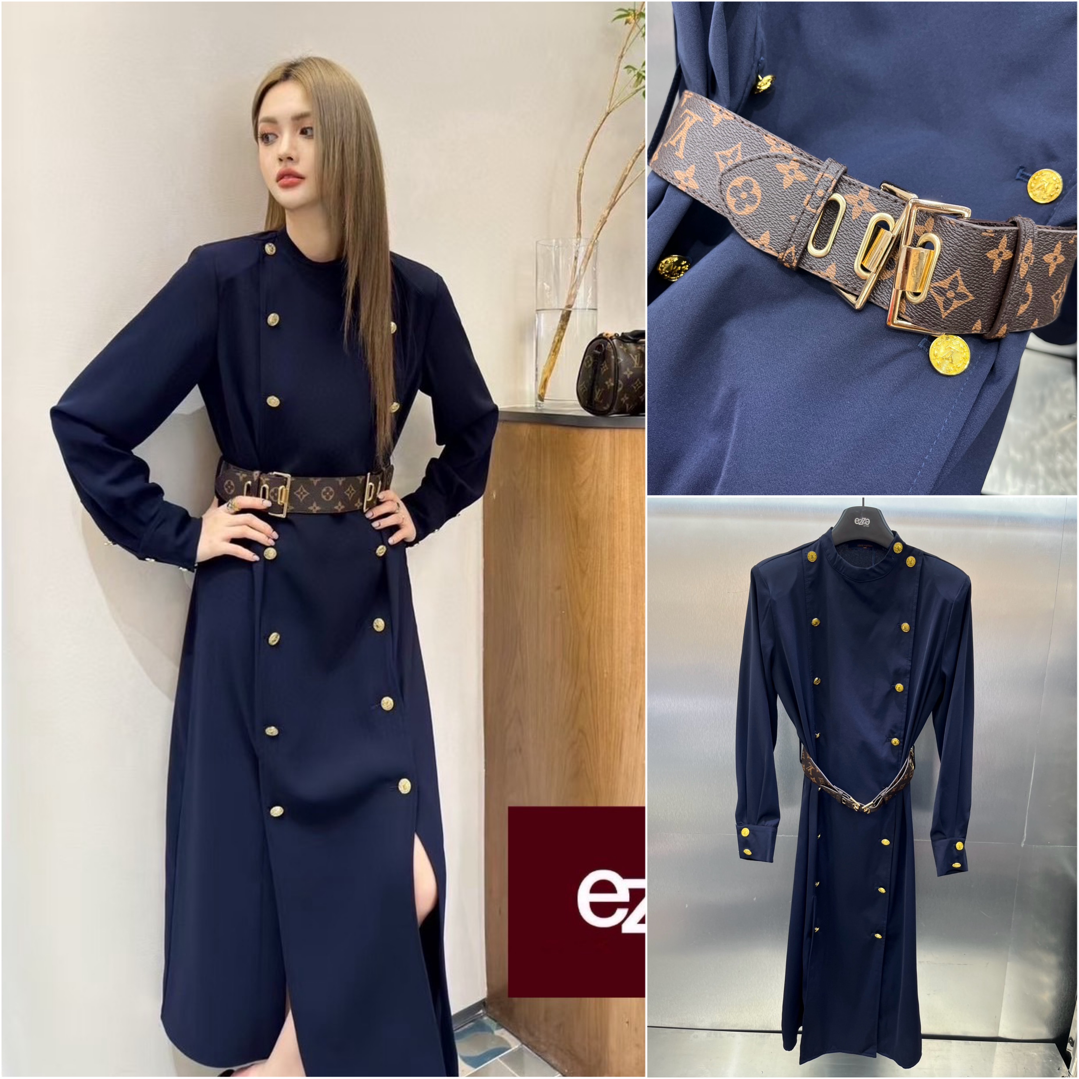 เดรส LV ผ้าSilk ดีไซน์ตกแต่งด้วยกระดุมสีทองปั๊มโลโก้ มาพร้อมเข็มขัดหนังลายโมโนแกรห์ม สวยเรียบหรู สีกรมสวยคลาสสิค เรียบหรูดูไฮ งานเกรดไฮเอน ใส่สบาย : สินค้าคุณภาพ (พร้อมส่ง)