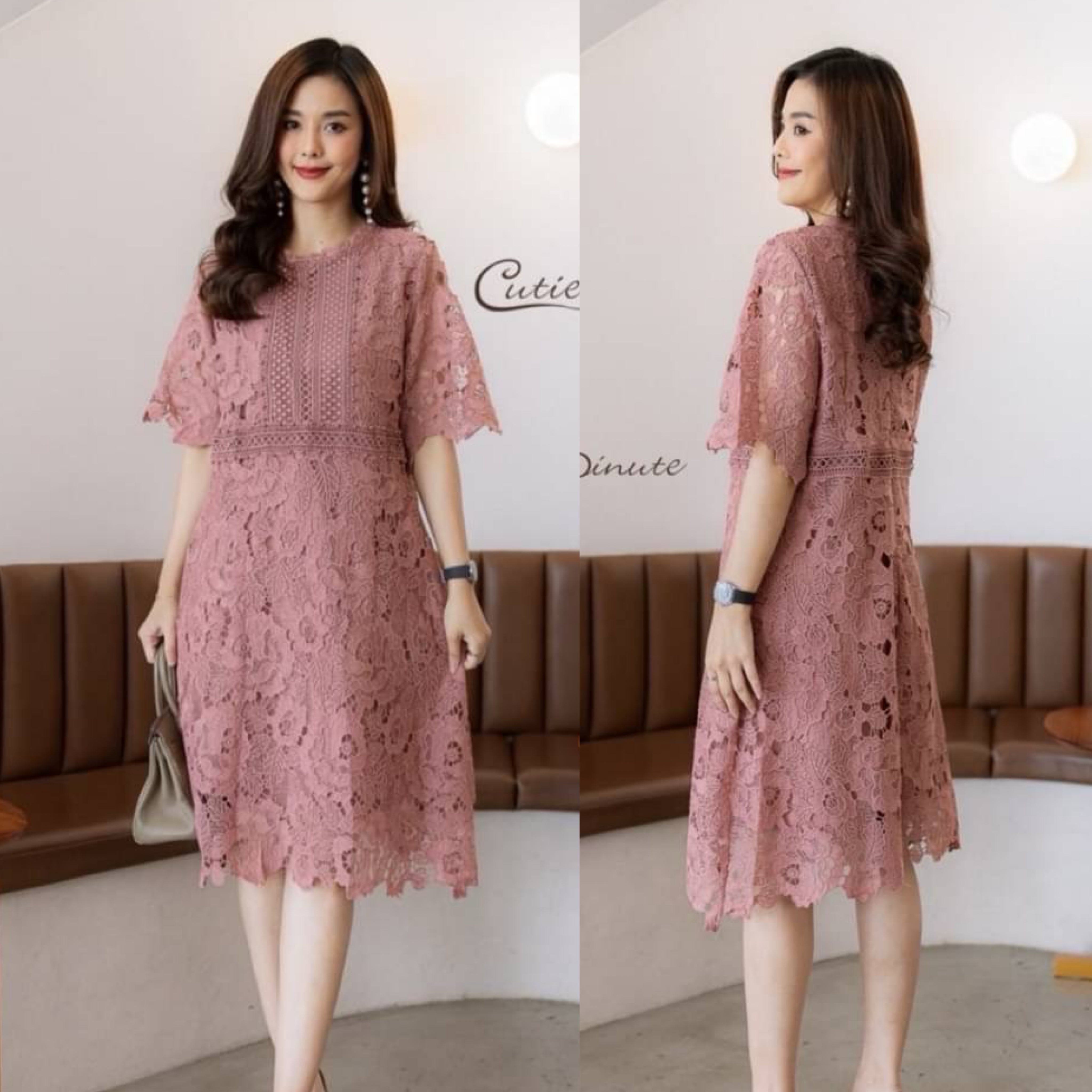 เดรสลูกไม้ มีซิบซ่อนหลัง ใช้ลูกไม้คนละลาย วางตัดกันได้อย่างลงตัว ตอกมุกสีเดียวกับชุด มีซับในทั้งตัว ใส่สบาย : สินค้าคุณภาพ (พร้อมส่ง)