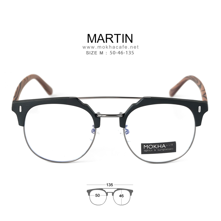 MARTIN - black wood แว่นตาวินเทจ กรอบโลหะ ขาลายไม้ ทรงหยดน้ำ double bridge กว้าง 135 มม.(sizeM) 24g