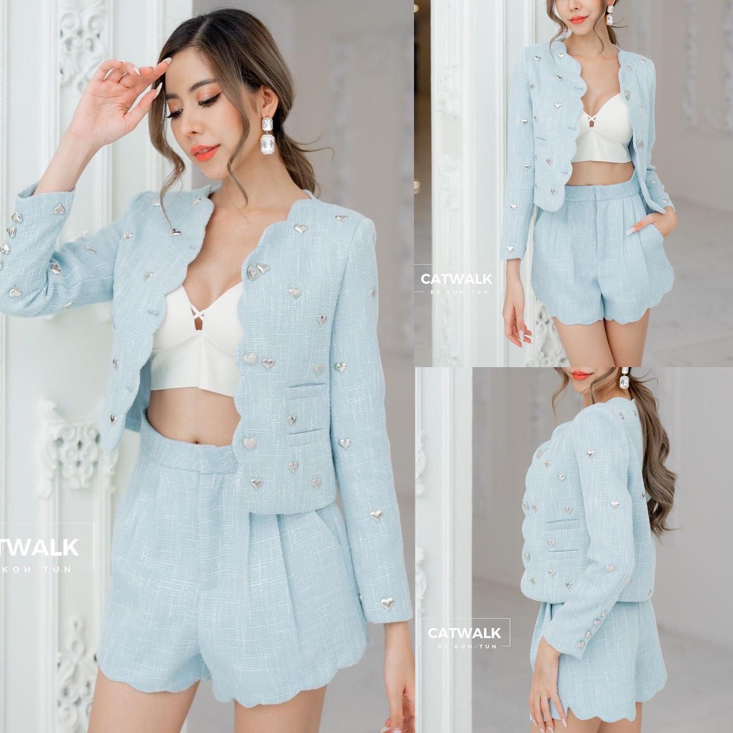 เซตเสื้อคลุมผ้าทวีตชาแนลแต่งหมุดรูปหัวใจ +กางเกงขาสั้นทรงสวย เนื้อผ้าทวีตเกรดเอ ตัวเสื้อ เป็นทรงกึ่งเข้ารูป ขอบเสื้อตัดเย็บเป็นทรงโค้งหยัก ทั้งตัวน่ารักมาก : สินค้าคุณภาพ (พร้อมส่ง)