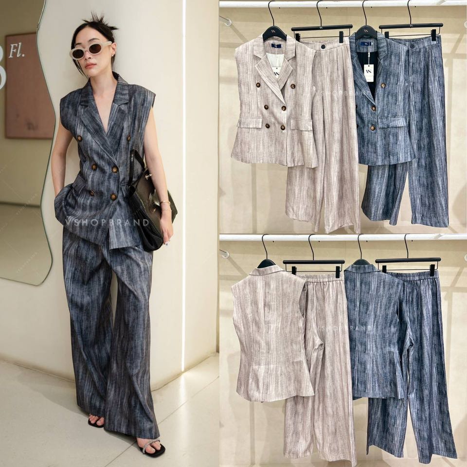 Set เสื้อสูทแขนกุดลายไม้+กางเกงขายาว ใส่สบาย : สินค้าคุณภาพ (พร้อมส่ง)