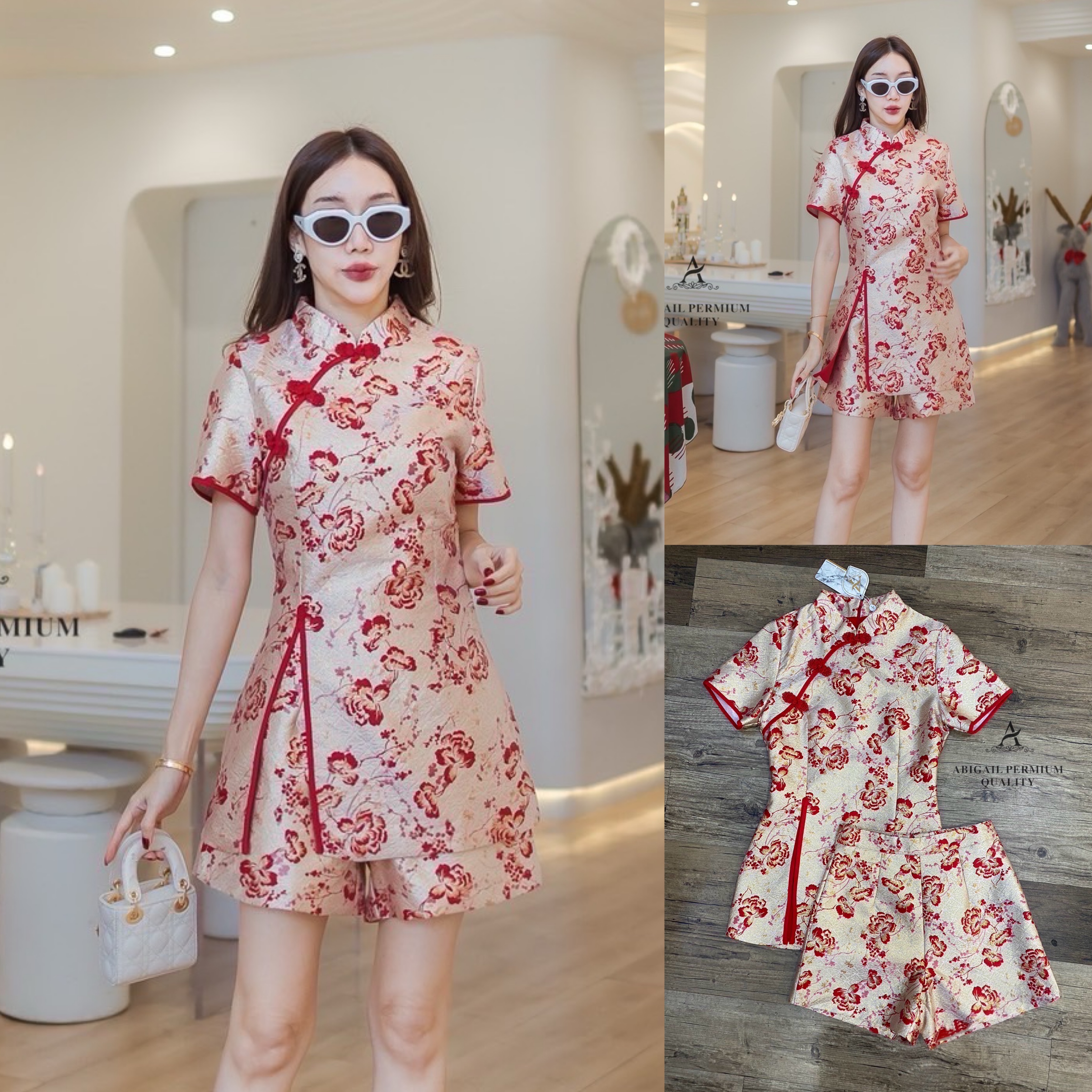 เซต 2 ชิ้น เสื้อแขนสั้นคอจีนผ่าหน้า แมทกับกางเกงขาสั้น เนื้อผ้าทอลายดอกเหมยตัดทอง มีซับในพร้อมอัดกาวทั้งชุด สินค้าคุณภาพ (พร้อมส่ง)