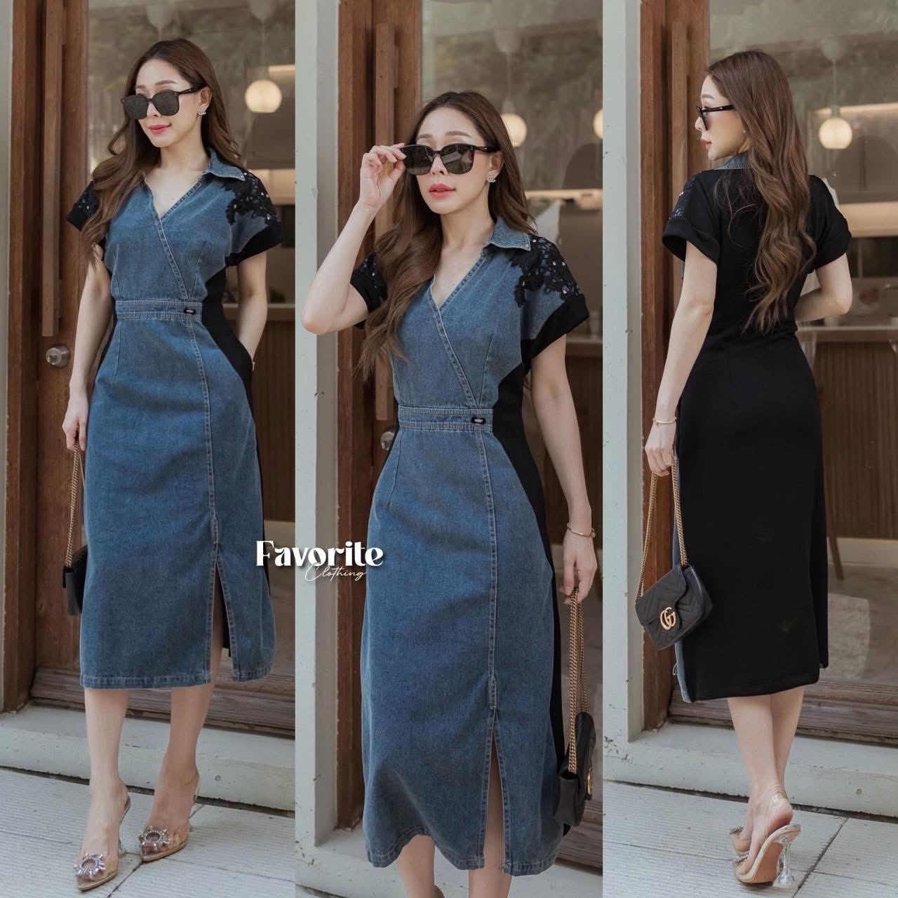 เดรสยีนส์แต่งลูกไม้ ใส่สบาย : สินค้าคุณภาพ (พร้อมส่ง)