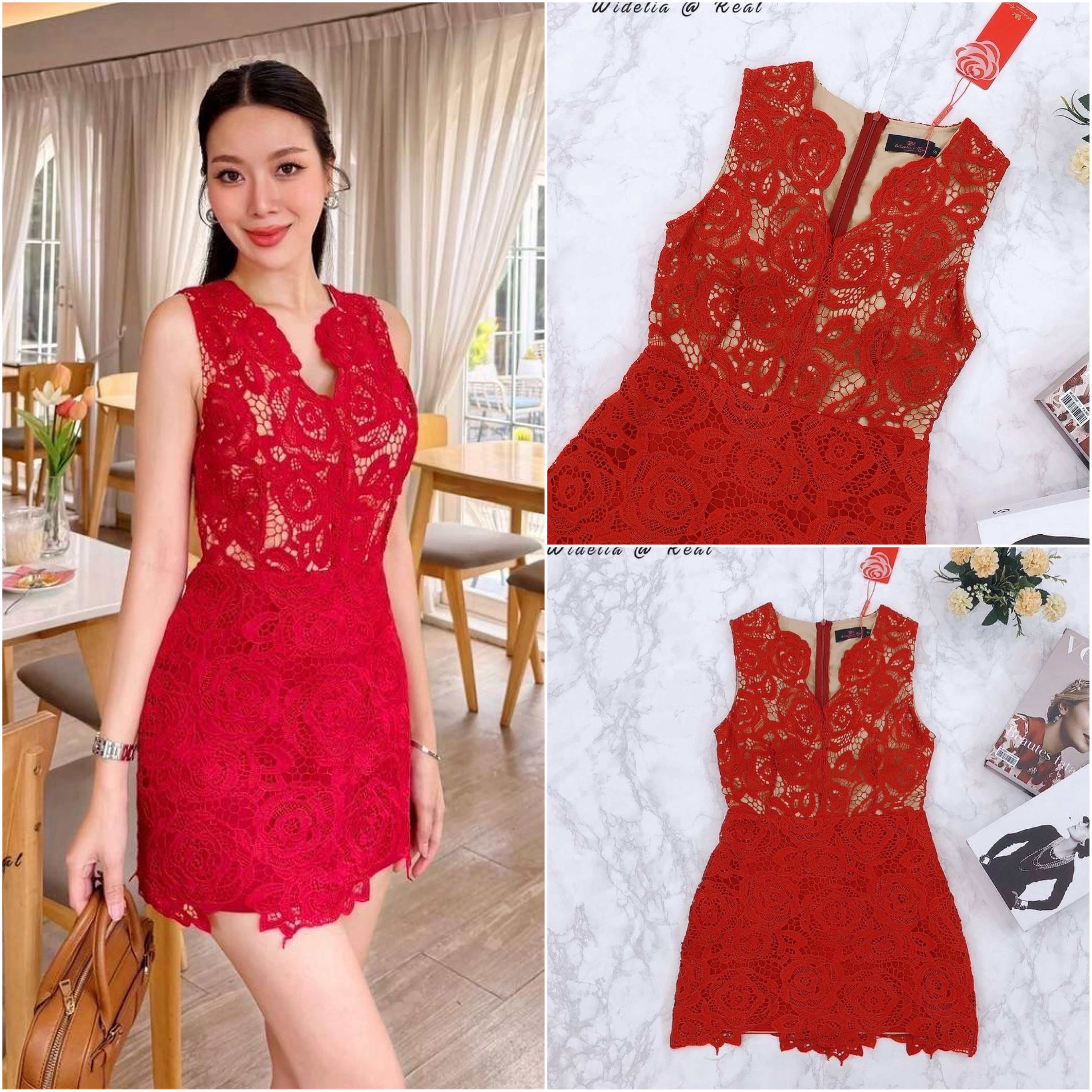 เดรสแขนกุด คอวี ทรงใส่เข้ารูป เนื้อผ้าลูกไม้อย่างดี ซับในน้ำตาล ซิปหลัง ใส่สบาย : สินค้าคุณภาพ (พร้อมส่ง)