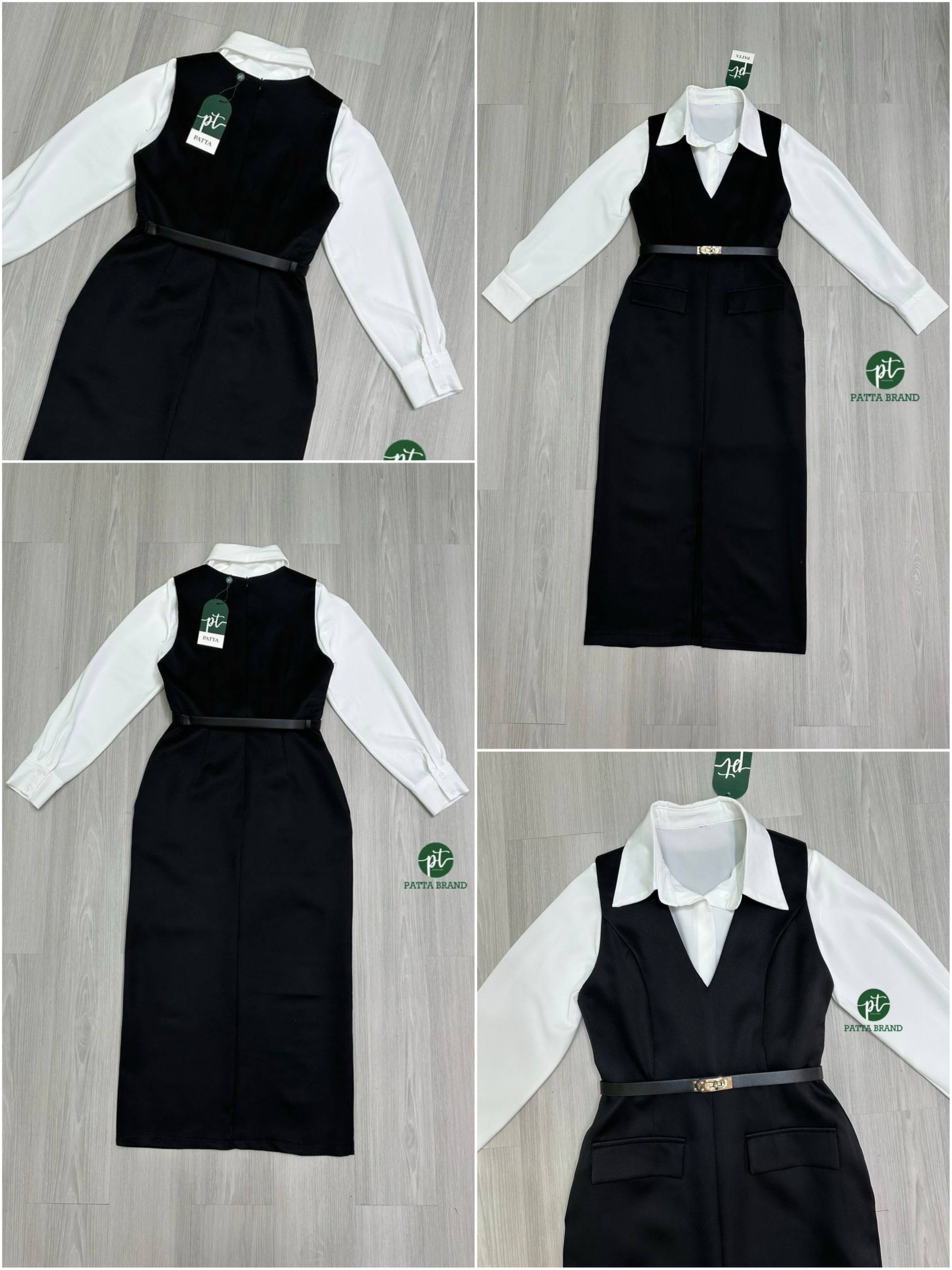 Set 2 ชิ้น เสื้อเชิ้ตสีขาวแขนยาวทรพอดีตัวมีกระดุมด้านหน้าใช้งานได้จริง มาพร้อมกับเดรสยาวสีดำคอวีลึกแขนกุดทรงพอดีตัว +เข็มขัด ใส่สบาย : สินค้าคุณภาพ (พร้อมส่ง)