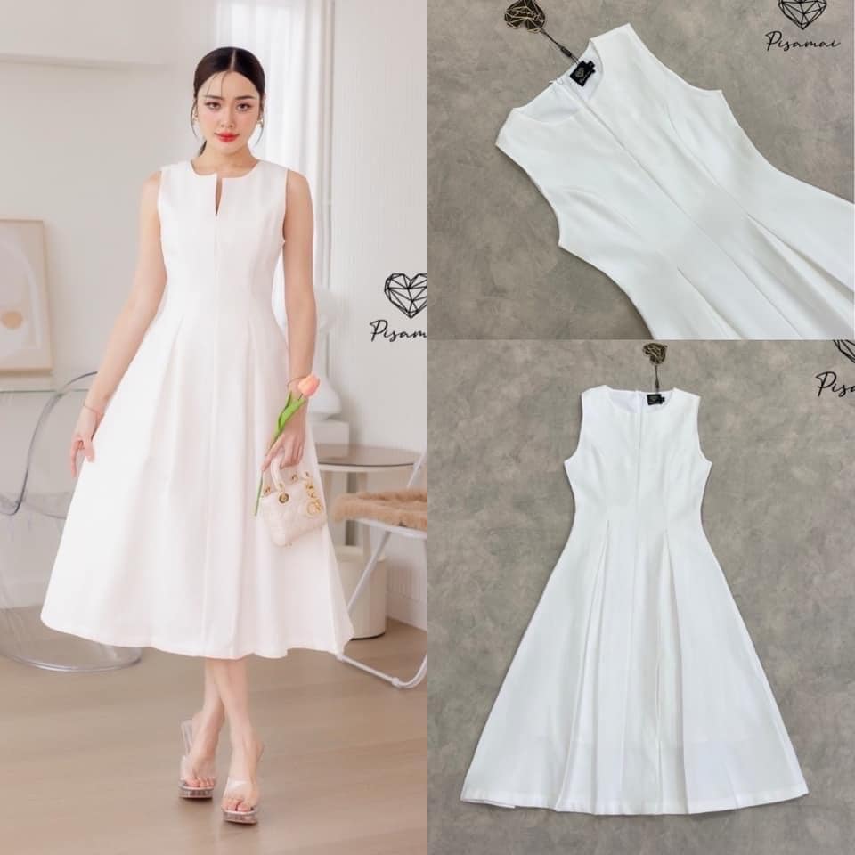 เดรสแขนกุดสีขาวทรงบาน เรียบ หรู ดูแพง ปังปุริเย้แน่นอนค่า ห้ามพลาดเลย ! ใส่สบาย สินค้าคุณภาพ (พร้อมส่ง)
